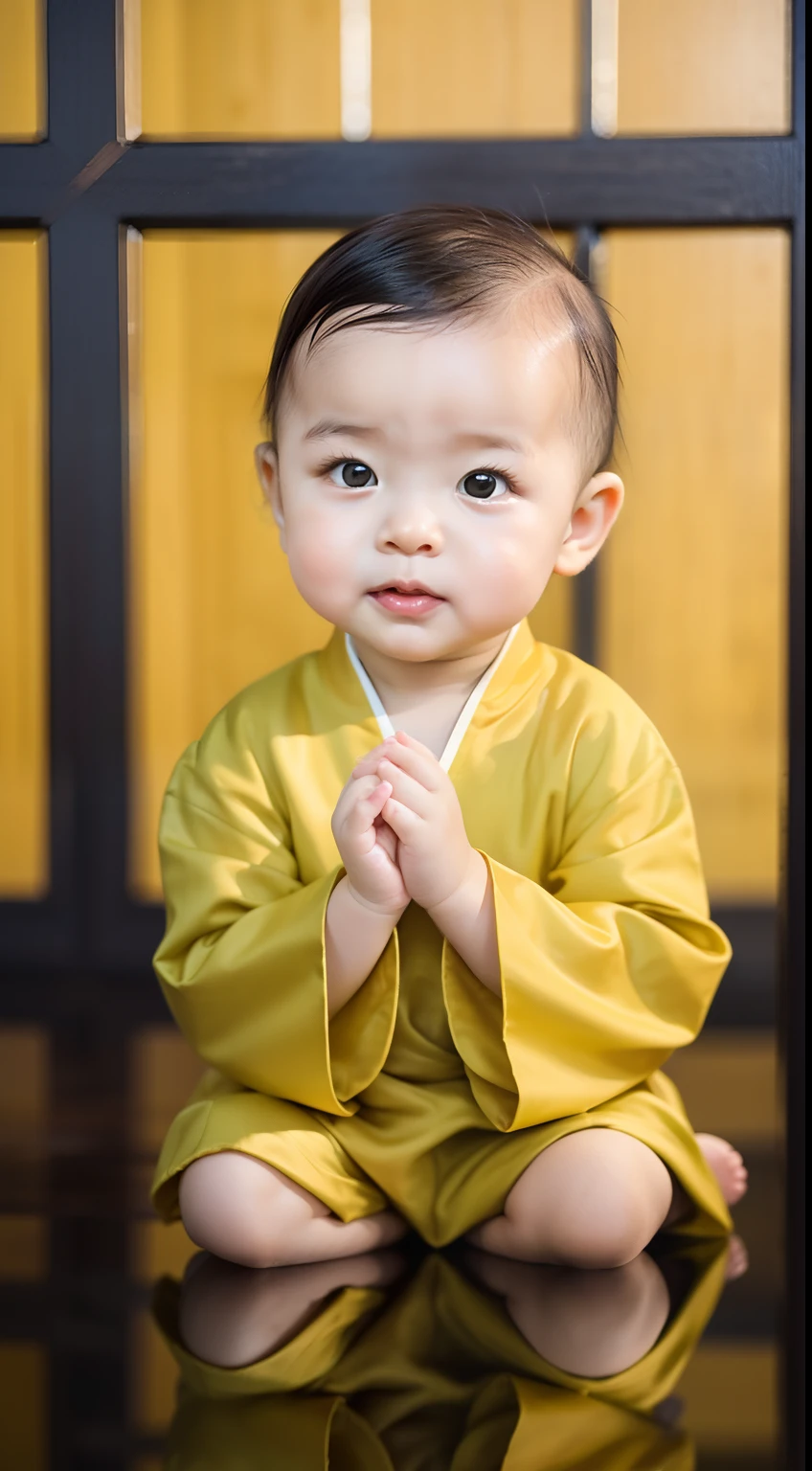 A two-year-old little monk，ultra cute，Looks sweet，The face of a two-year-old，，bald-headed，Wear a Chinese yellow cassock，Sit cross-legged in the right direction，eloquent，fold hands to chest，Works of masters，super-fine，Close-up，16k