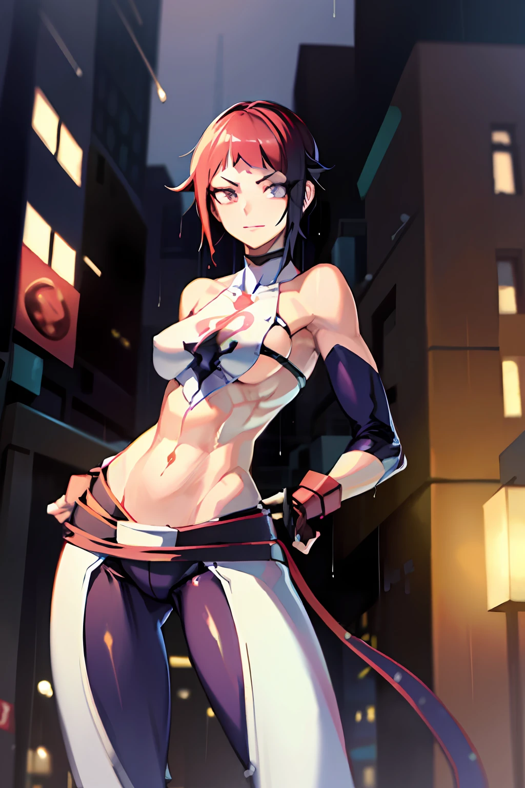 maryms,Best Quality,(beauty),masterpiece, 1girl,phisically-based render ,ultra highres,narrow waist, skinny,big eyes,long legs,(small breasts),puffy eyes, night,(rainy city), shiny skin, facing viewer, fighting stance, (make a fist),firm expression,