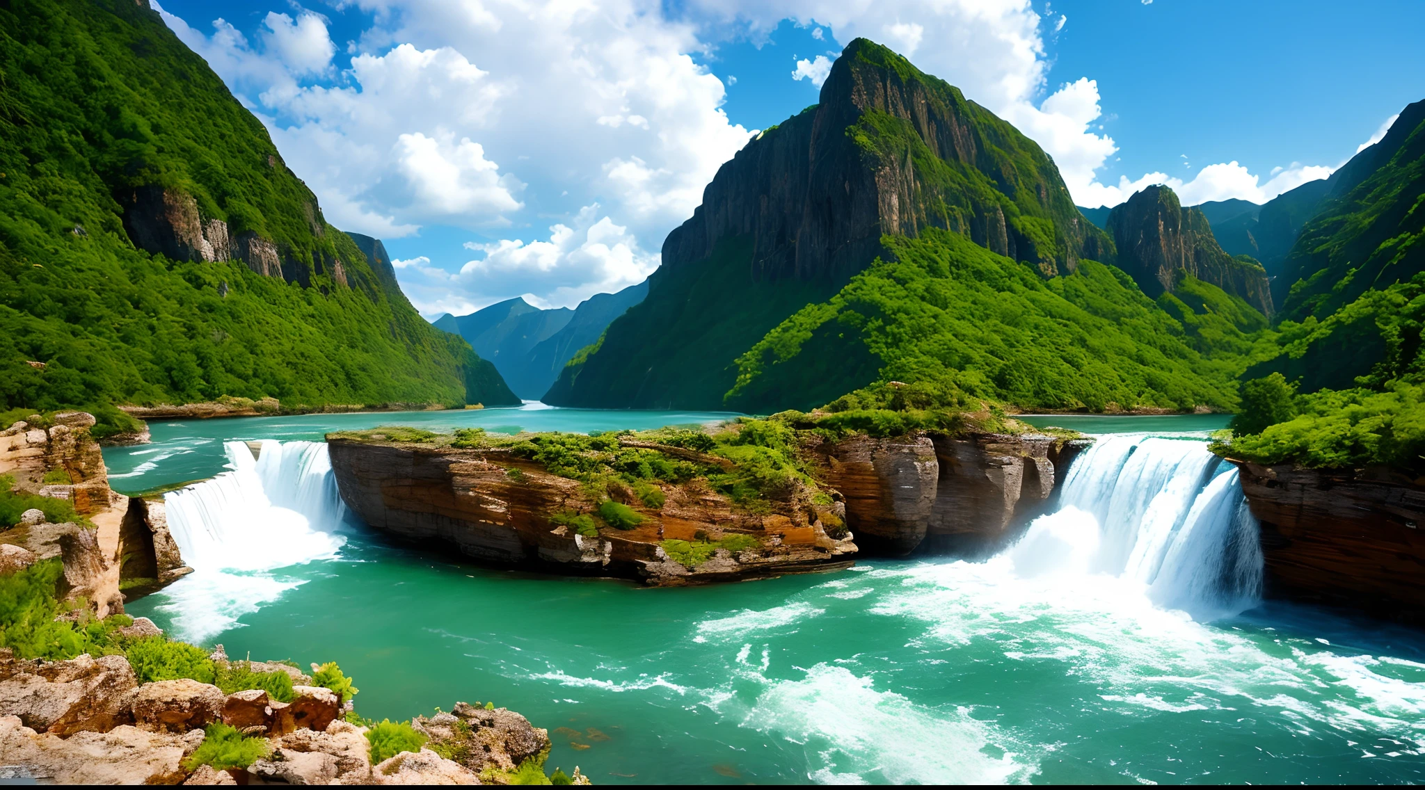 Masterpiece, ultimate quality, Cg unity 8k wallpaper, super delicate, beautiful sky and clouds, rich natural scenery, cliffs, lakes and rivers, waterfalls and flying water, beautiful green mountains, no trace of people, excellent scenery, has already won a photo contest, background Blurring, full depth of field, HDR high dynamics, true restoration, intricate, extreme details, dramatic presentation, perfectly presenting the style of midjourney art.