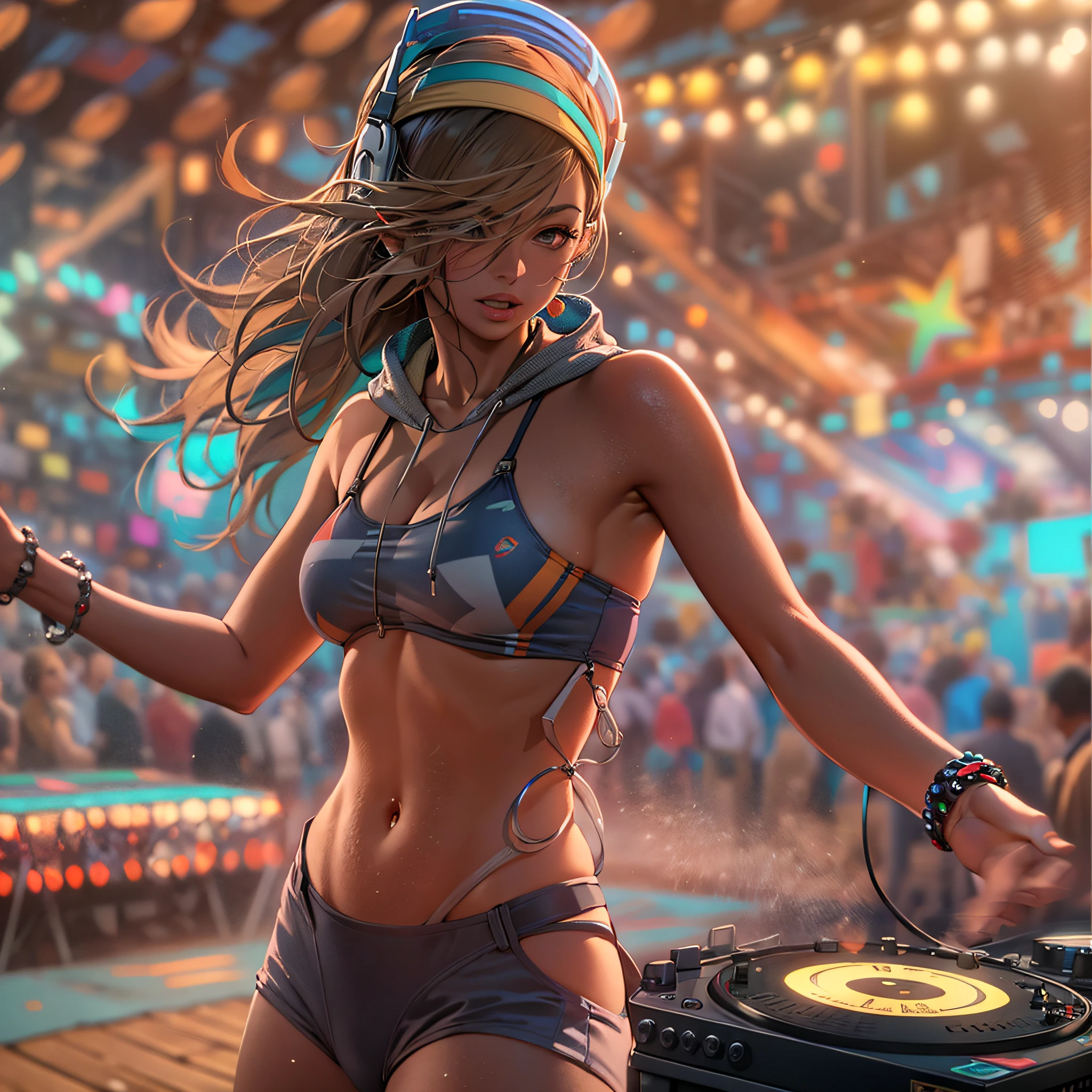(Best quality), (masterpiece), (photorealistic), (realistic), ultra-detailed, unity 8k wallpaper, extremely detailed CG, ray tracking, sharp shadows, wonderful details, depth of field, Ultra detailed background, A female DJ is dancing to music on an outdoor stage on a sandy beach, wearing a swimsuit and a pop hoodie. DJ turntable in front, Behind her are colorful speakers and lights, and the crowd seems to be enjoying themselves. Lunchtime. from below, (side shot:1.6),