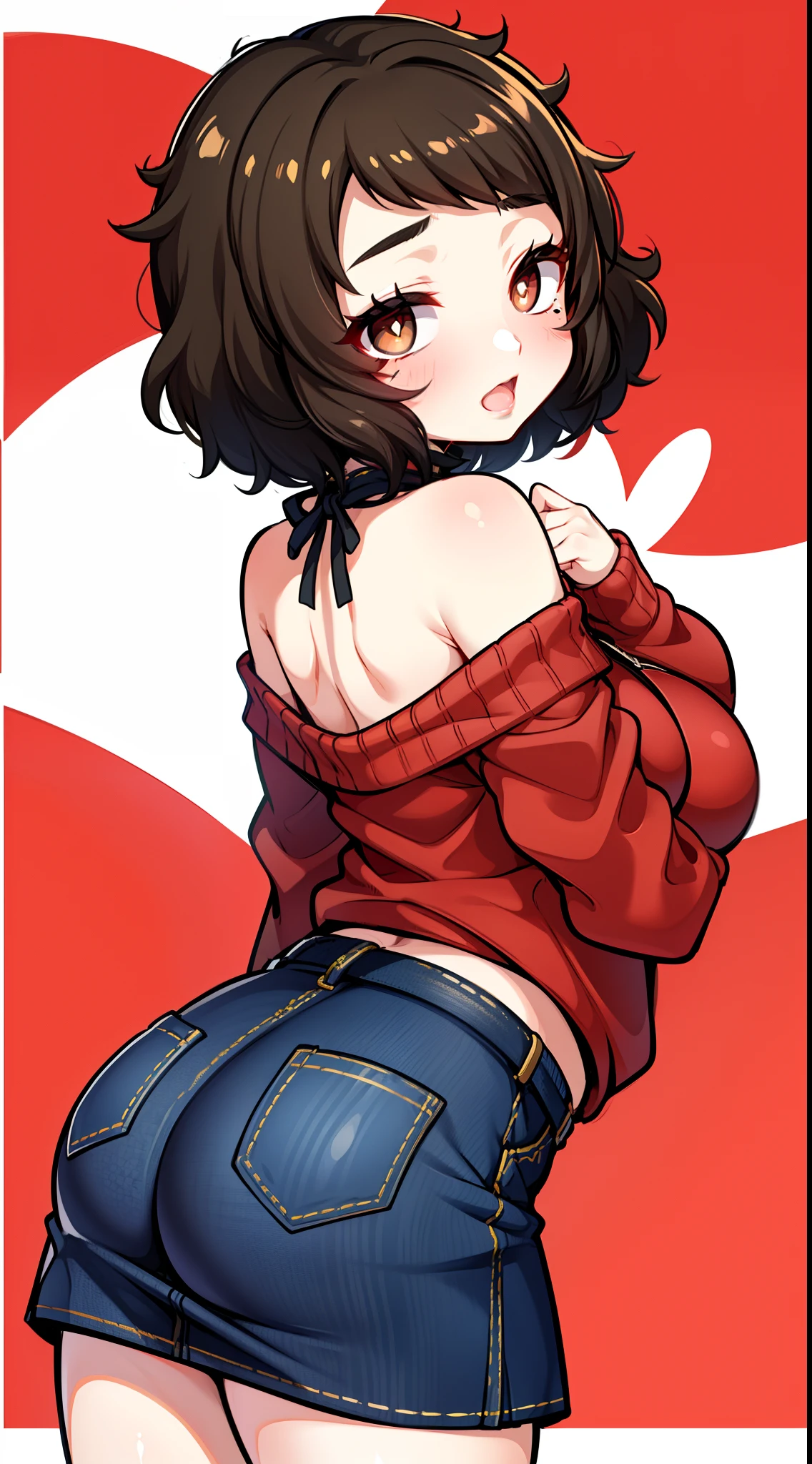 kawakami sadayo,A white border around a red rectangular background，yellow sweater，Back view，sitted，big assa，D cup，High detail,ahegao face,Moles under eyes, Heart-shaped pupils，Love pupils，cropped shoulders，Lots of hearts，Fleshy thighs,highly rendered，detailed face with