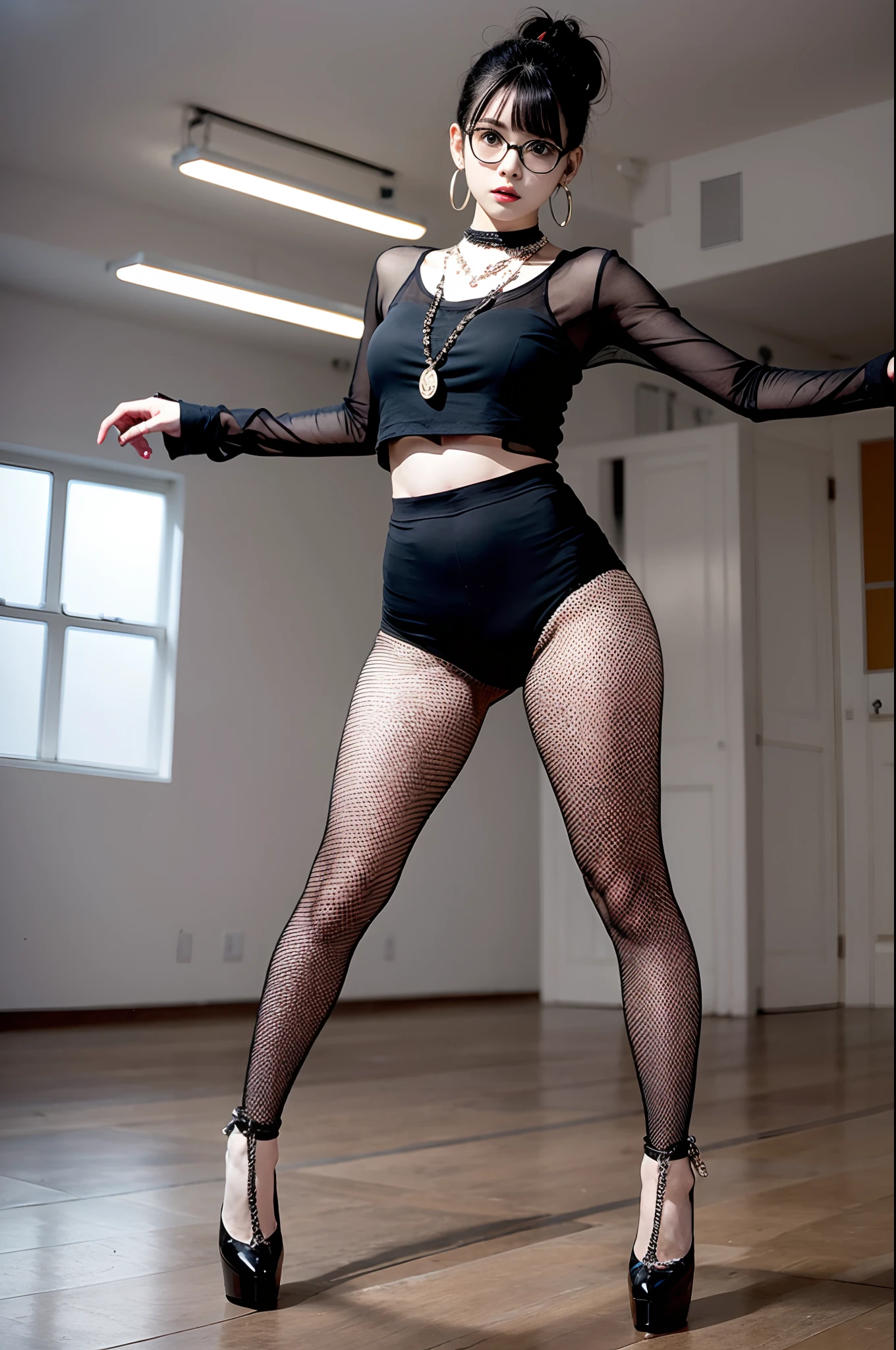 tmasterpiece,Outstanding composition,In the dance studio,1 beautiful girl,The bangs are neat and heavy,Black stiletto heels,Black sheer leggings,Short ponytail hair,big earrings,Thin chain necklace,Round thin-rimmed glasses. Black sheer T-shirt,