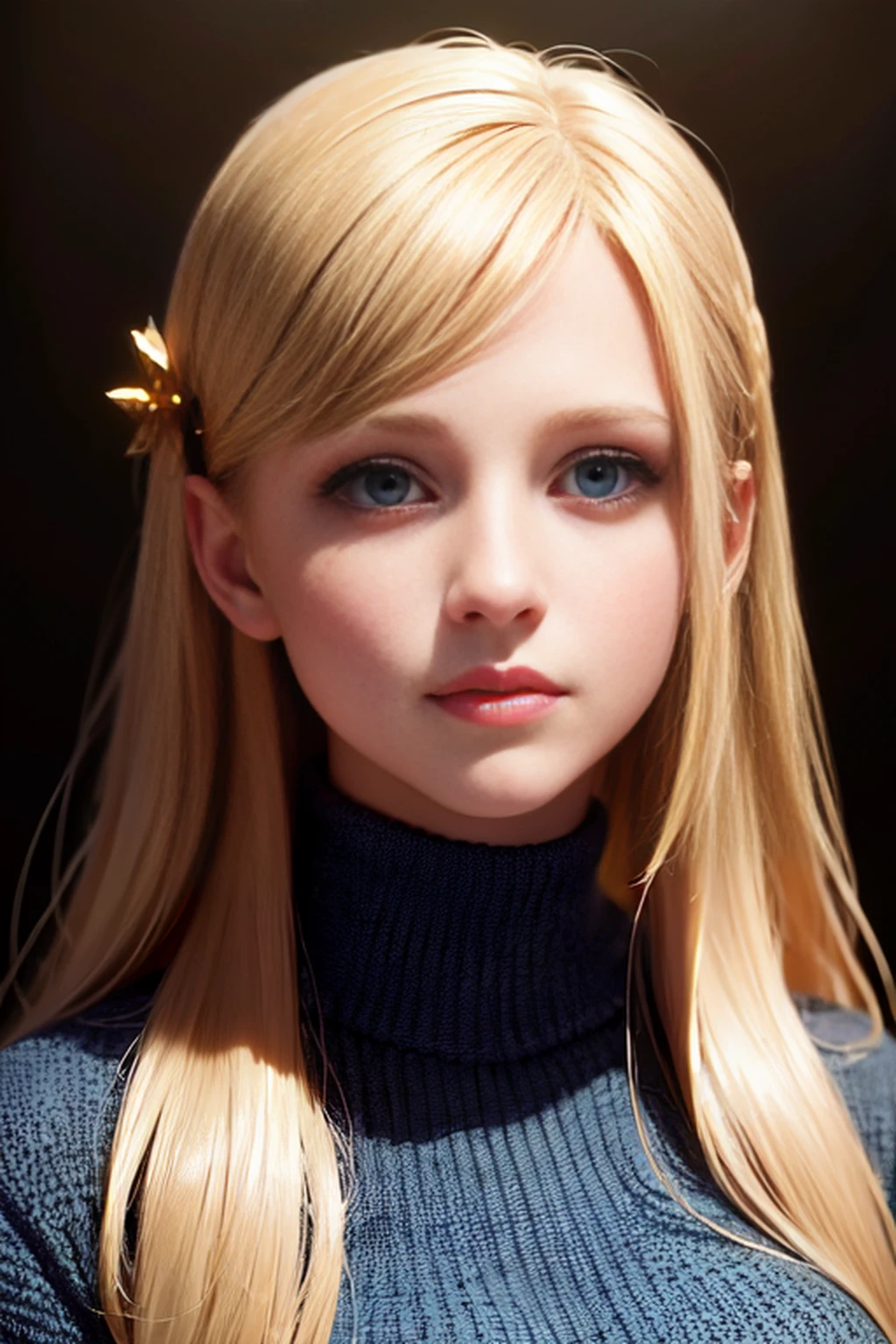 (front focus),(in the dark:1.6), (masterpiece:1.3), (8k, photorealistic, RAW photo, best quality: 1.4), (fantasy art, photo realistic, dynamic lighting, artstation, poster, volumetric lighting), (1girl, ), beautiful face, (realistic face), ((Long Hair, Hair Ornament, Lips, Hair Clip, Solo, Blue Eyes, Nose):1.3), beautiful hairstyle, realistic eyes, beautiful detailed eyes, (realistic skin), beautiful skin, (sweater), absurdres, attractive, ultra high res, ultra realistic, highly detailed, golden ratio