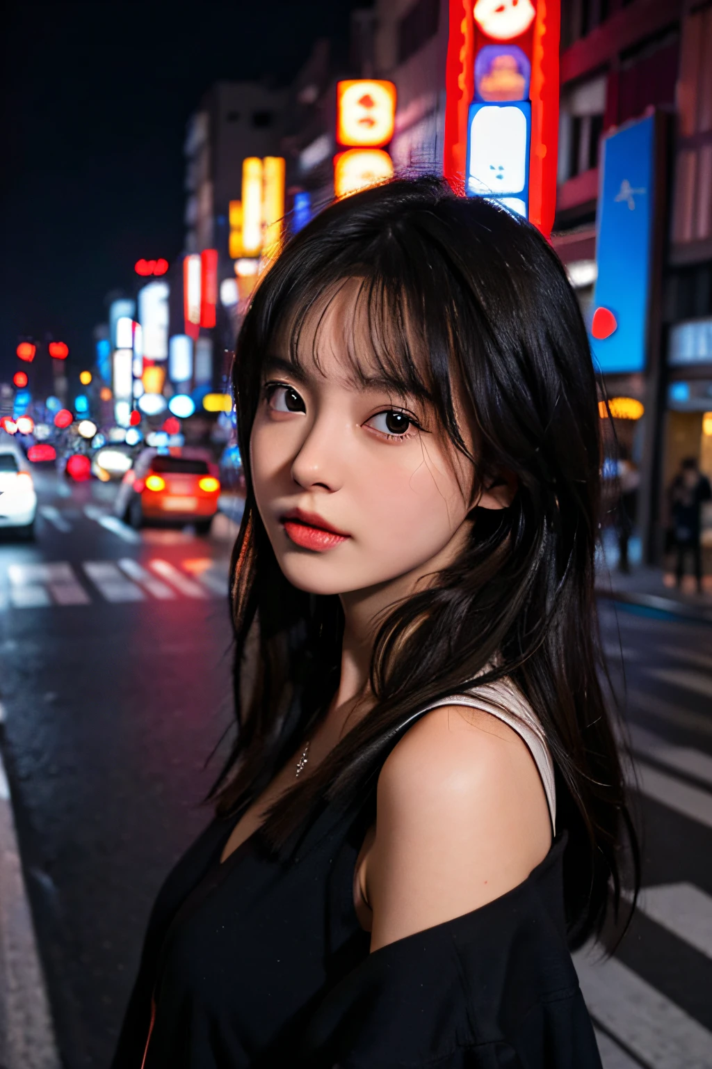 Arafed asian woman standing on a city street at night - SeaArt AI
