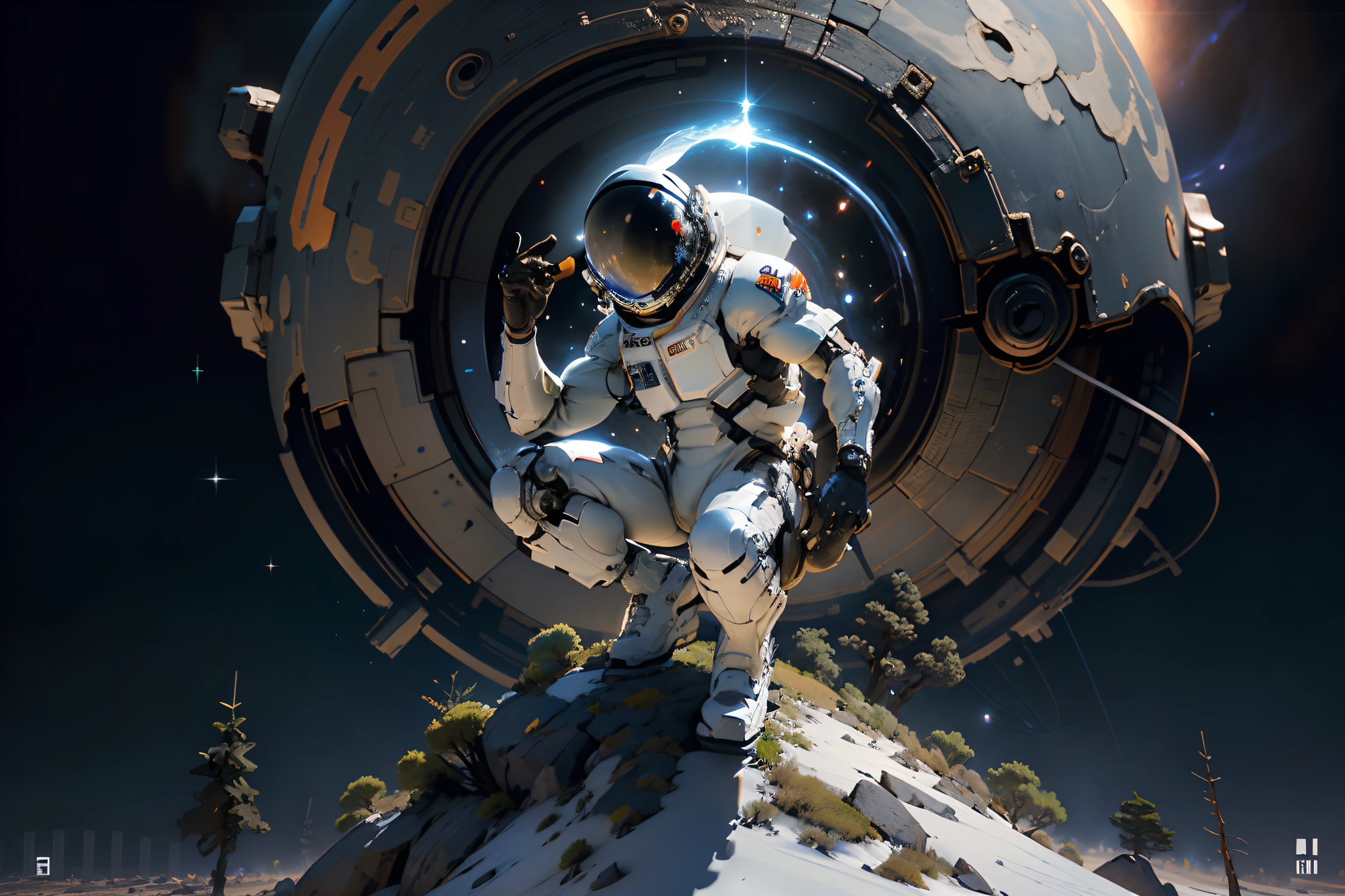 Video game cover of An astronaut with helmet on and a landscape with alien vegetation and a planet in outer space with stars, Dynamic pose, (Black and white art), (Anatomy of the corrected hand), full body, (Human anatomy corrected), (Perfect anatomy),