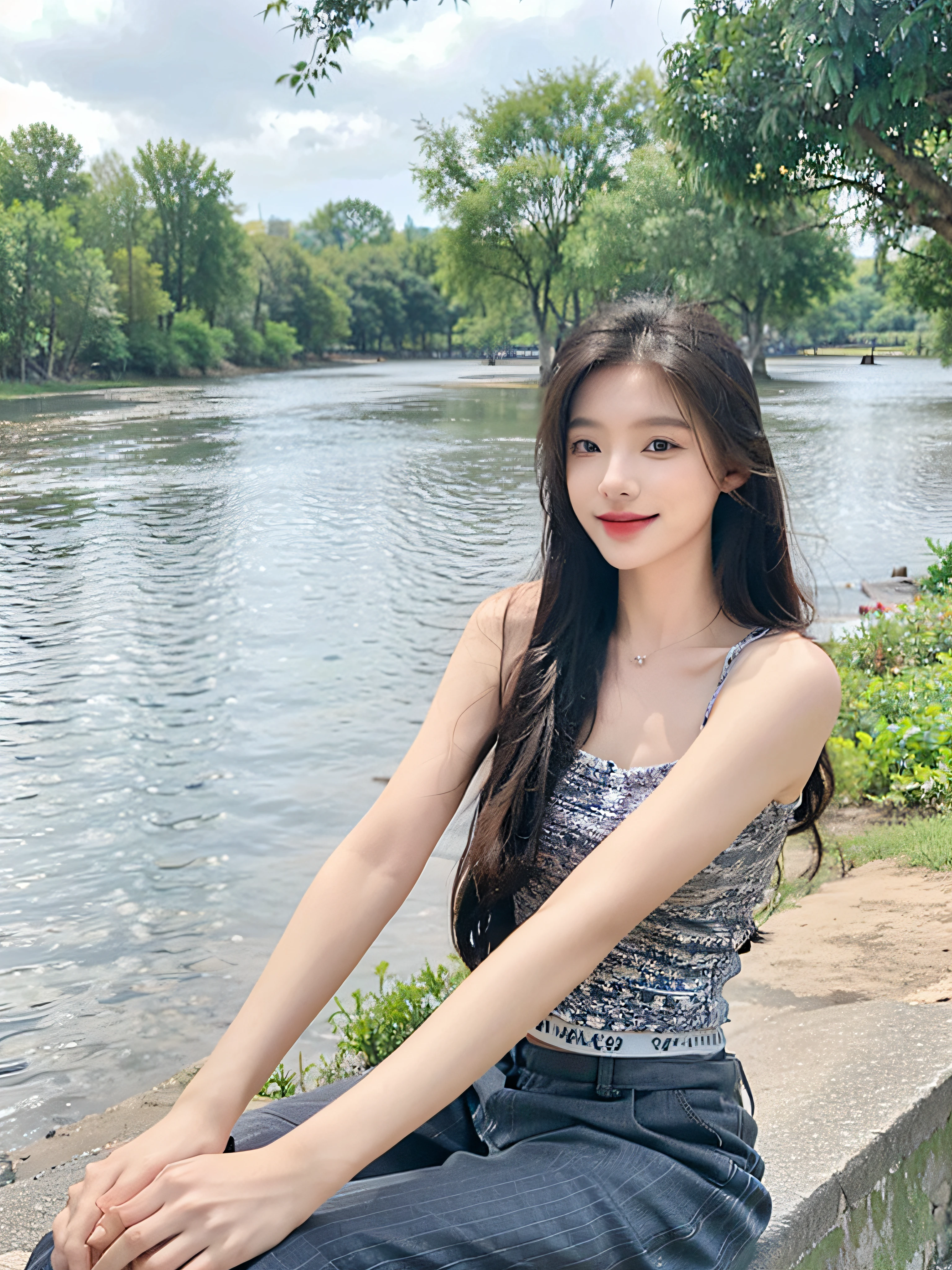 The Arapei woman sits on a bench by the river, river in the background, dang my linh, Anime Thai girl, mai anh tran, sittinng on the river, nivanh chanthara, Ruan cute vtuber, beside a river, young and cute girl, profile photo, leaked image, With long hair，（Open-mouthed，teeth），ssmile