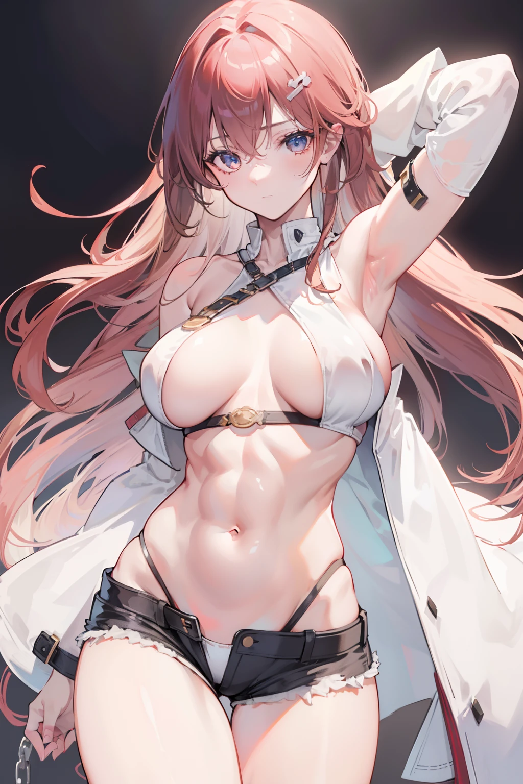 ((big breast, Girl, Small head)), during night, nightlight, (chiseled abs : 1.1), (Perfect body : 1.1), (Short wavy hair : 1.2) , auburn hair, Collar, chain, Full body shot, Bedroom, Wear women's high-waisted thong seamless panties, Summer ladies cute raglan crop top , ((Shorts)), (Extremely detailed CG 8k wallpaper), (An extremely delicate and beautiful), (Masterpiece), (Best quality:1.0), (超A high resolution:1.0), Beautiful lighting ,Perfect lightning, Realistic shadows, [A high resolution], Detailed skin, Ultra-detailed