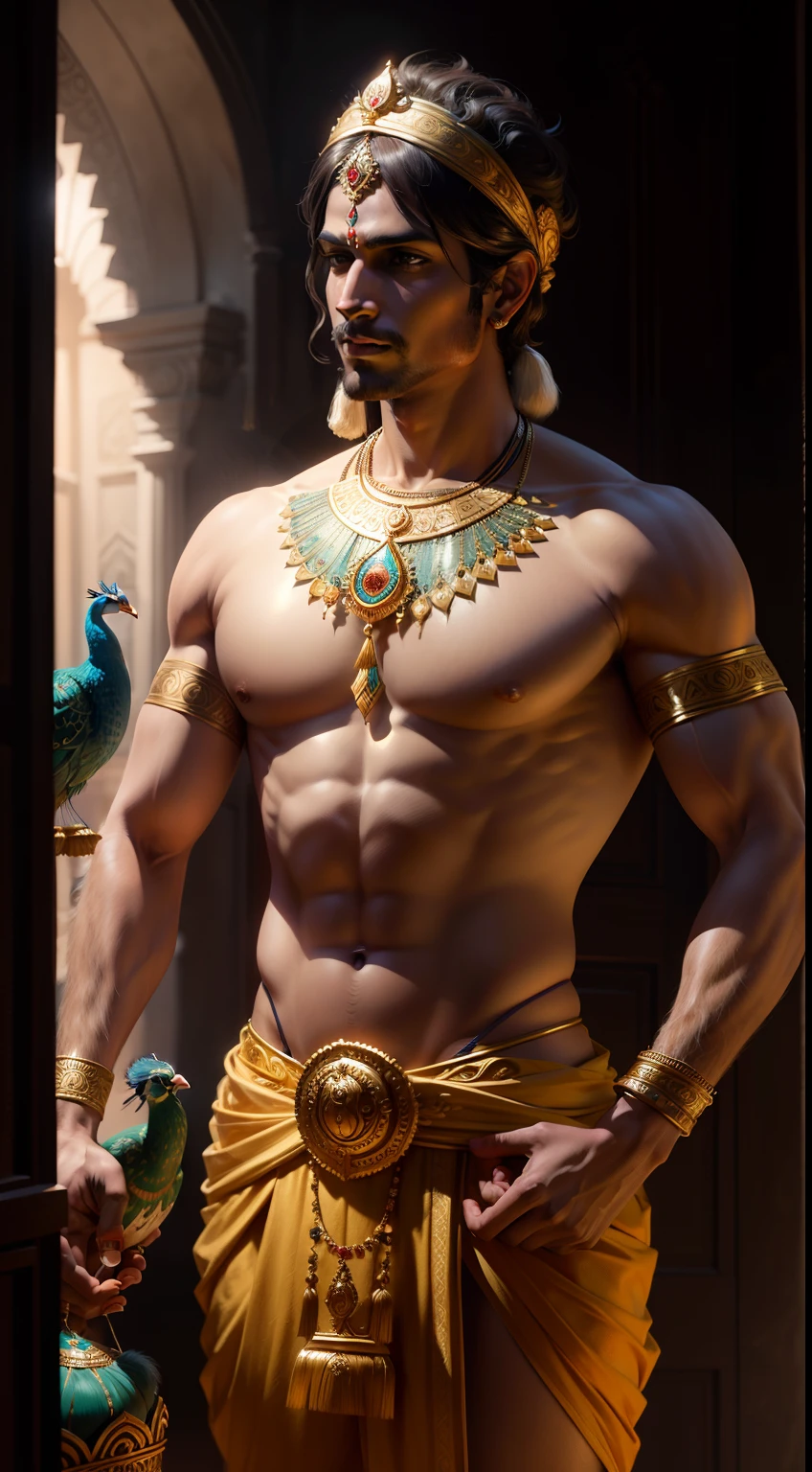 cinematic shot of realistic indian god krishna , surounded by peacocks , seamless, epic, cinematic, intricate detail, award winning, great lighting, shading, high quality, detaile
