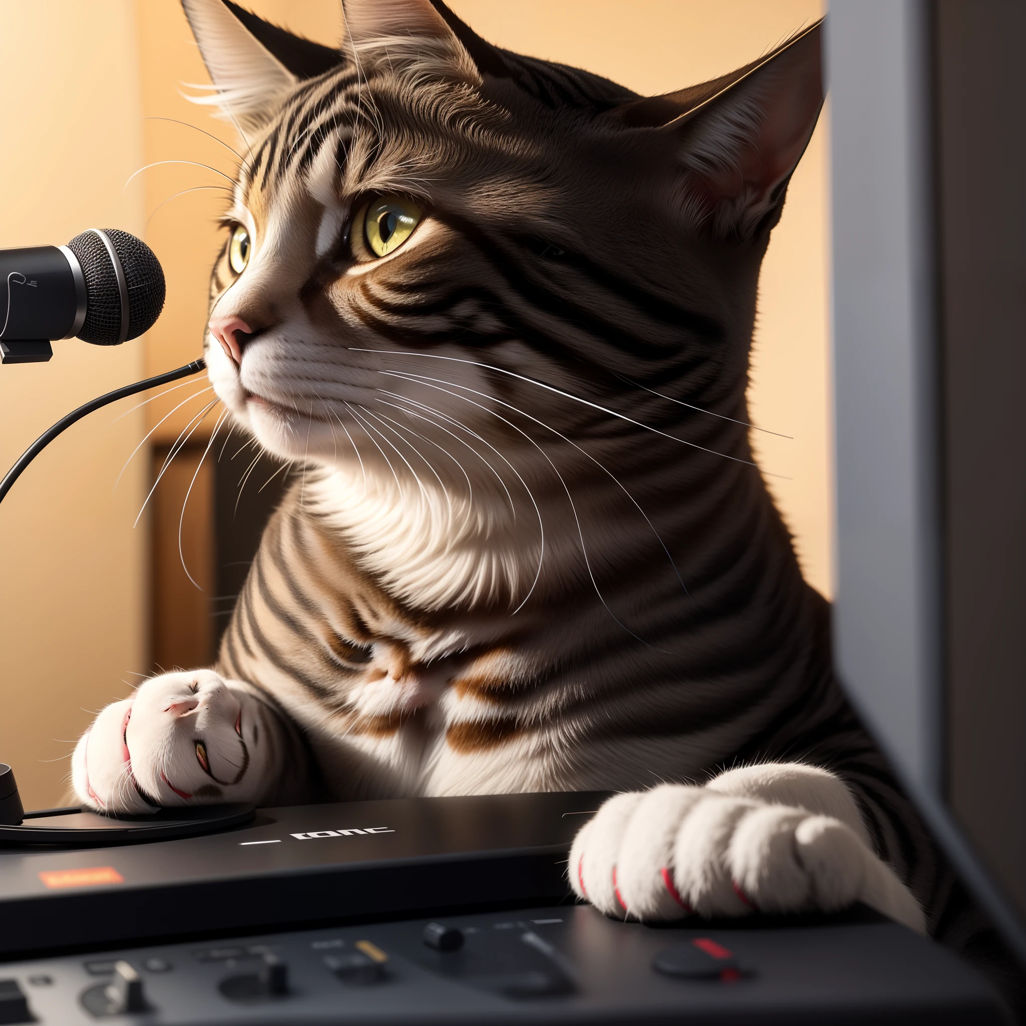 eine Katze，Singing recording，The cat is into the microphone，Only one cat，Cat with headset recording，Cat close-up，