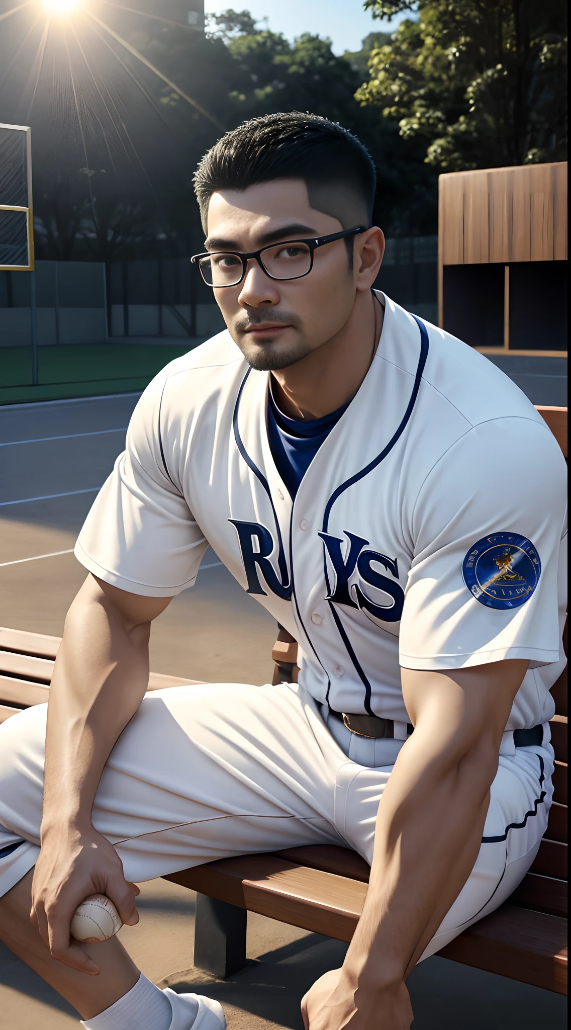 primitive, tmasterpiece, ultra fine photos,best qualtiy, 超高分辨率, realisticlying,1 uncle,aged 40,buzz cut,Short beard,Thick eyebrows,Wearing glasses,Fat body, rays of sunshine, full-body portraits, Amazingly handsome,dynamicposes, delicated face,cute face, Vibrant eyes ,A shallow smile,White baseball uniform with pinstripes,There is no text,Thick arms, Sit on a bench,The edge of the court,very highly detailed background, 详细的脸, detailed tidy background, opulent, highdetailskin, Realistic details of skin, Visible Pore, Sharp focus, volume fog, 8K UHD, digital SLR camera, high high quality, filmgrain, healthy-looking skin, photorealisti, Lomorro, Utopian metropolis of the future, look from down, vast pecs:1.3