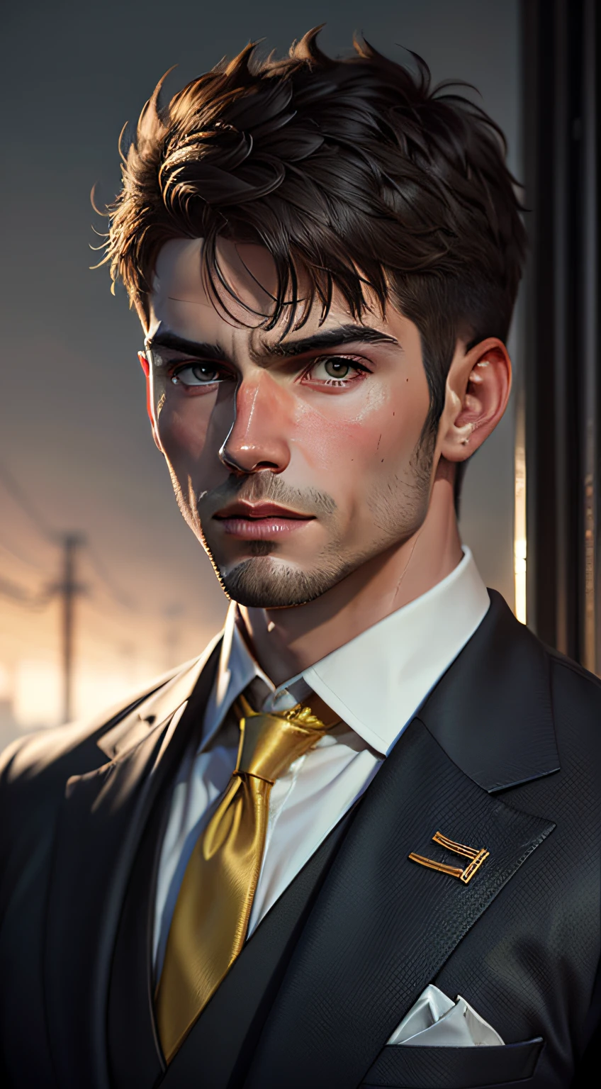 The man's name is Pulisic,He walked on the road,(Masterpiece,Best quality: 1.2),Arafeld man in suit and tie, high quality portrait, headshot profile picture, Rendu portrait 8k, Solid Backgroud, maxwell render, professional portrait hd, well-groomed model, Career back,Dramatic, photorealistic painting art by midjourney and greg rutkowski,epic and classy portrait