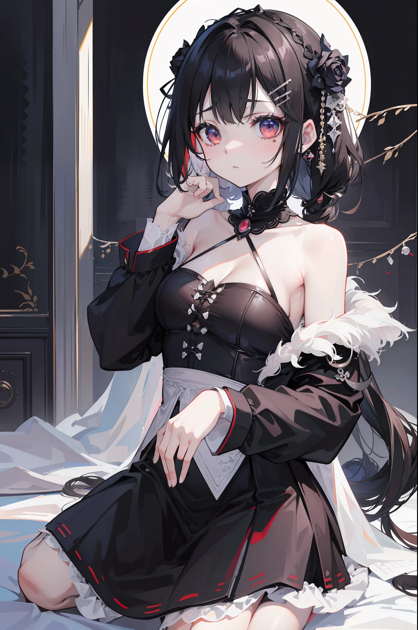 Background white、white backgrounid、(top-quality、in 8K、​masterpiece:1.3)、 Highly detailed facial and skin texture、full body Esbian、｛Very delicate red fishing eyes｝、二重まぶた、de pele branca、(with round face:1.5)、A dark-haired、Beautie、｛A dark-haired、bobhair}、｛bobhair}、gothic atmosphere、｛Black rose hair accessories on left and right of head｝