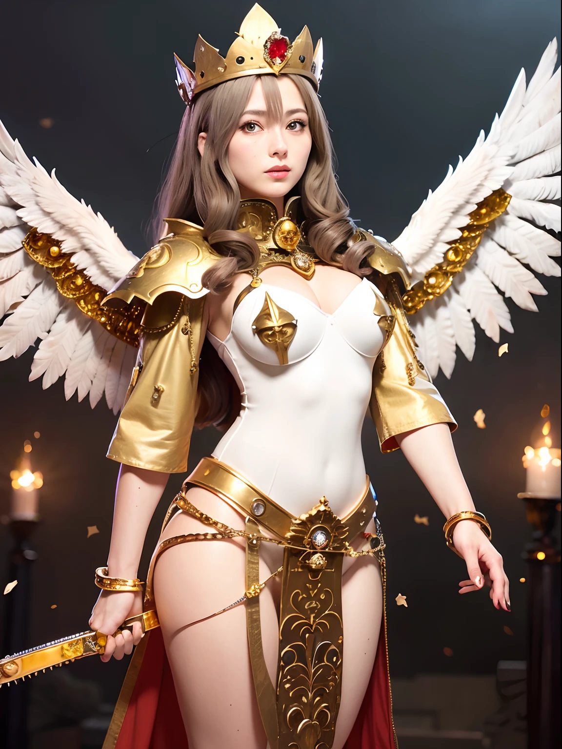 (masutepiece), Professional , ​masterpiece、top-quality、photos realistic , depth of fields （Gemstone Silver Metal Body:1.９),(Matte White、（Brown hair long straight）、Jewel Gold Weapon、（Inside the old ruins),Gorgeous metal weapons,(Detailed and realistic angel white wings) , Detailed Sword of the Brave , Beautiful knife 、delicated face、20 years girl  ,warhammer 40k , adepta sororitas,Detail and ornate jewel crown、a blond、(Gangle's forest background)、Beautiful Caucasian beauty、１a person、dynamic ungle,(((Detailed and ornate diamond crown)))、Smaller head、A smile、Powerful poses、Beautiful thin fingers of a woman、cleavage of the breast、