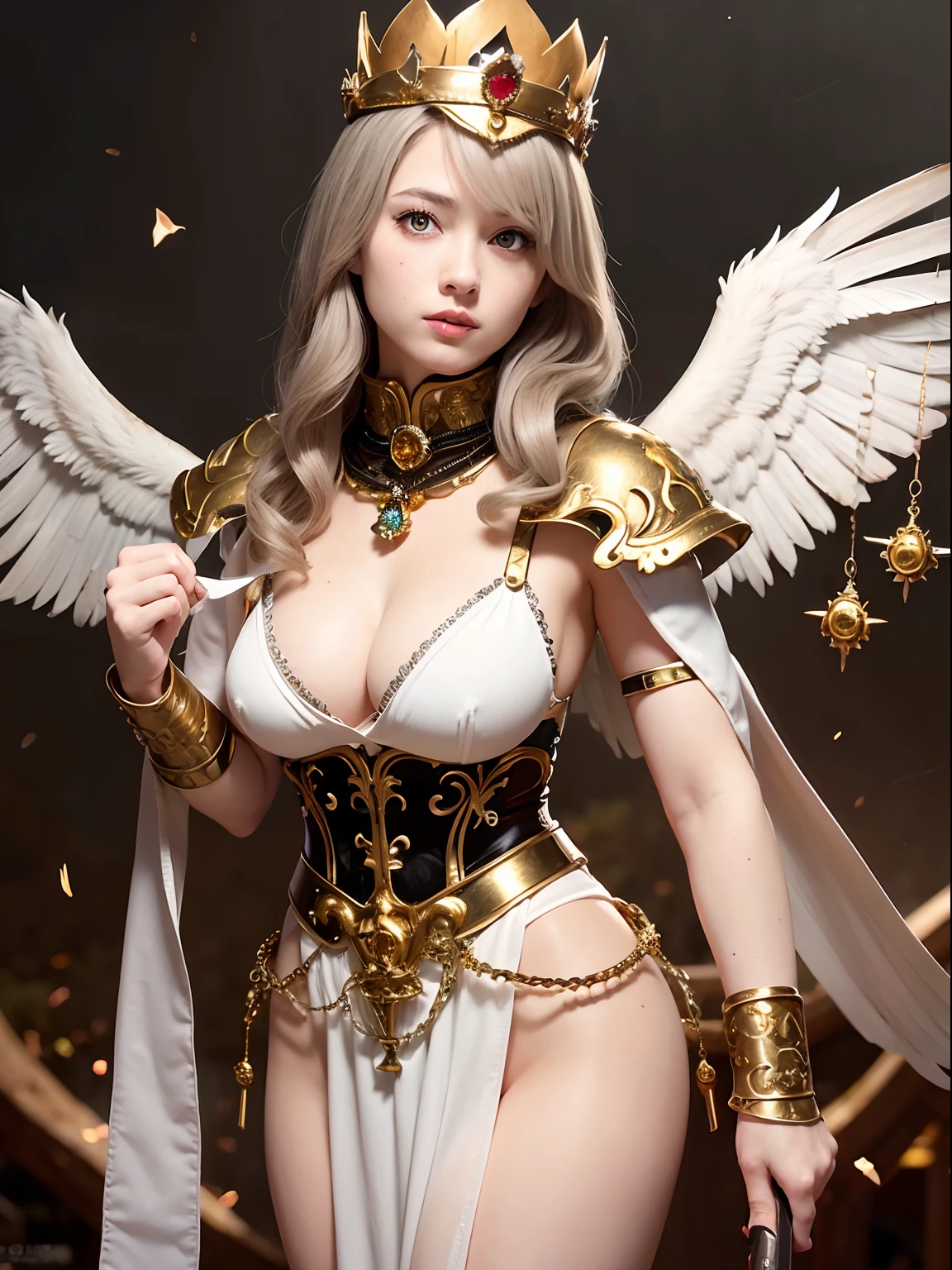 (masutepiece), Professional , masterpiece、top-quality、photos realistic , depth of fields (Gemstone Silver Metal Body:1.9),(Matte White、(Brown hair long straight)、Jewel Gold Weapon、(Inside the old ruins),Gorgeous metal weapons,(Detailed and realistic angel white wings) , Detailed Sword of the Brave , Beautiful knife 、delicated face、20 years girl ,warhammer 40k , adepta sororitas,Detail and ornate jewel crown、a blond、(Gangle's forest background)、Beautiful Caucasian beauty、1a person、dynamic ungle,(((Detailed and ornate diamond crown)))、Smaller head、A smile、Powerful poses、Beautiful thin fingers of a woman、cleavage of the breast、
