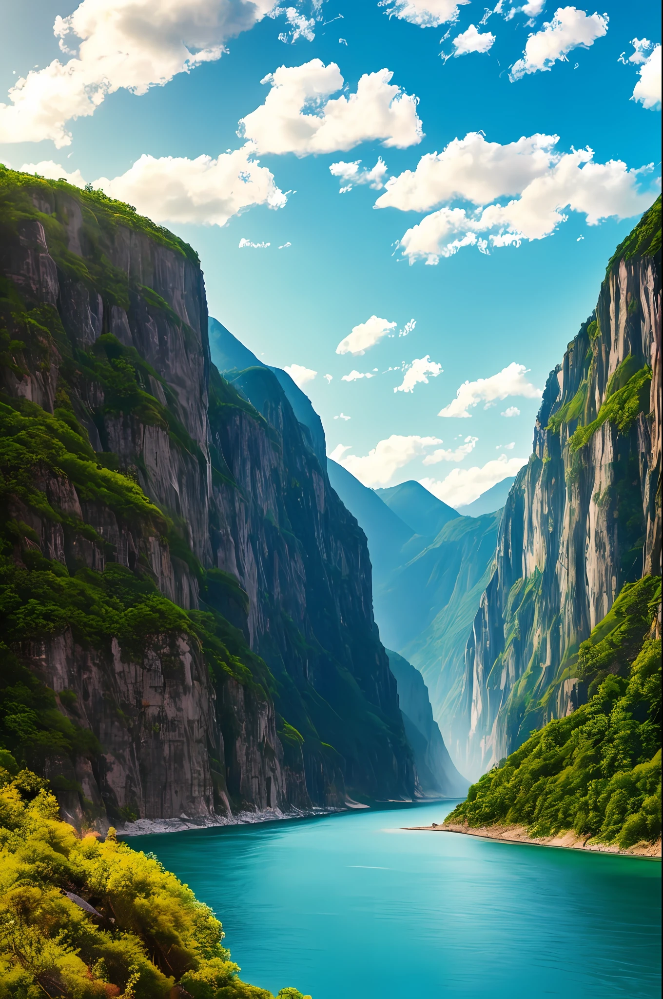 Masterpiece, ultimate quality, Cg unity 8k wallpaper, super delicate, beautiful sky and clouds, rich natural scenery, cliffs, lakes and rivers, waterfalls and flying water, beautiful green mountains, no trace of people, excellent scenery, has already won a photo contest, background Blurring, full depth of field, HDR high dynamics, true restoration, intricate, extreme details, dramatic presentation, perfectly presenting the style of midjourney art.