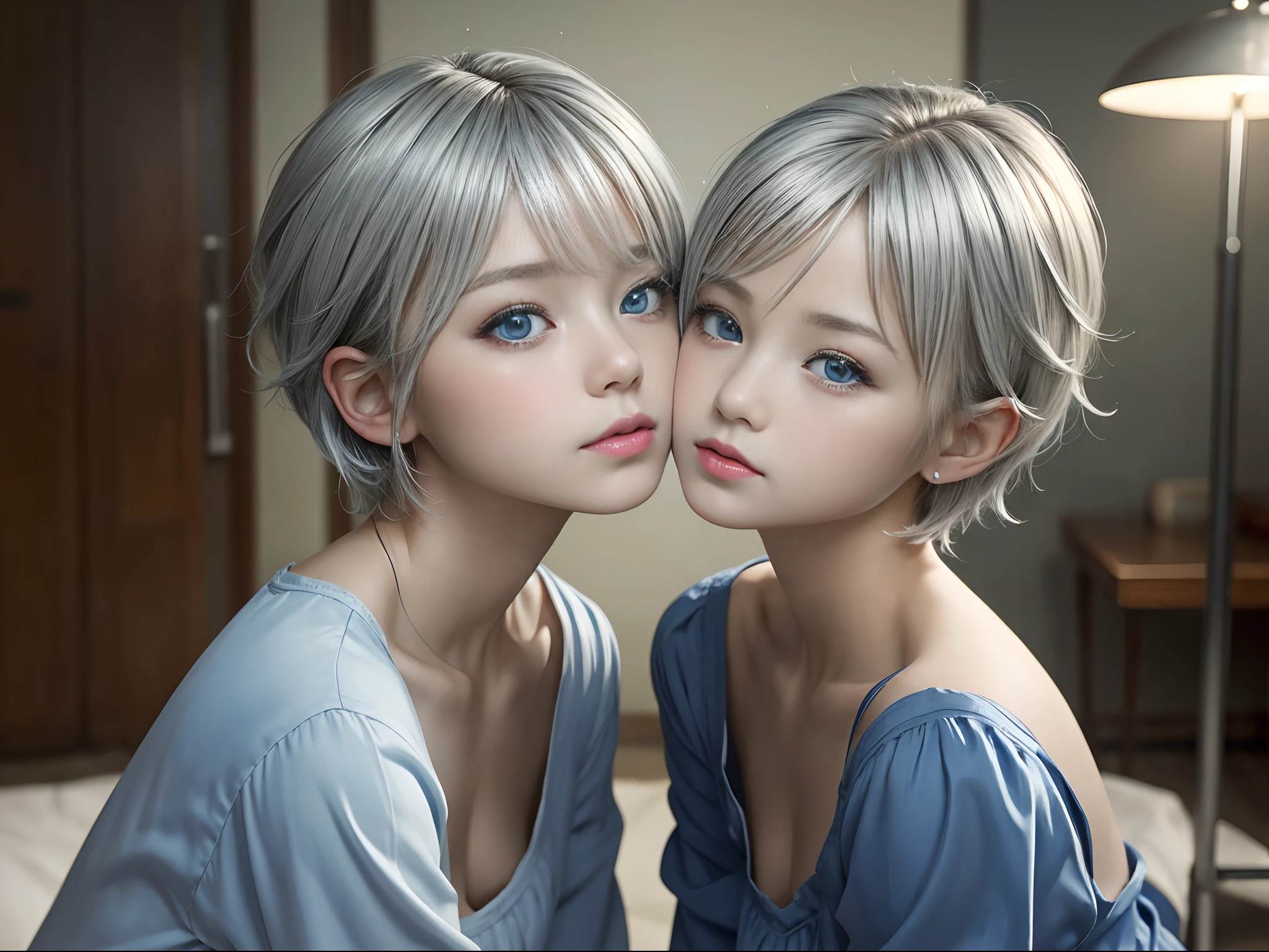 (Masterpiece, best picture quality, HD wallpaper), beautiful girls are sitting ,Infirmary、 silver short hair, blue eyes, ,12yosing