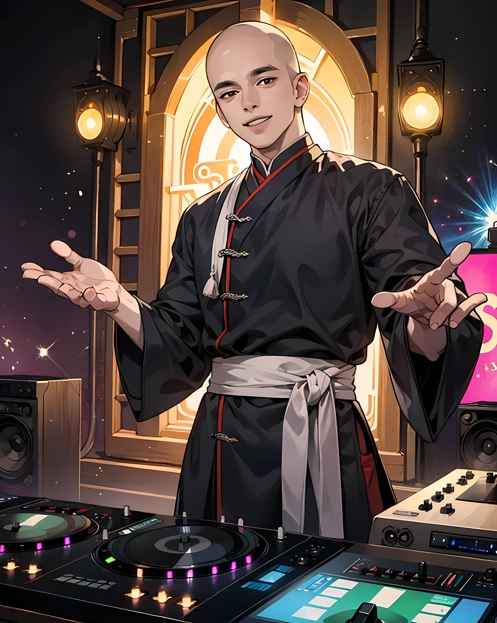 Illustration of a Tibetan elder monk playing a DJ.

A scene in which a monk in a black monk's robe with a shaved head is operating a DJ player in front of the DJ booth. age of 55, 
In the background, the neon lights of a night club shine.
The monk has a smile on his face, and he seems to be enjoying himself as a DJ.
The people around me are dancing to the monk's DJ.