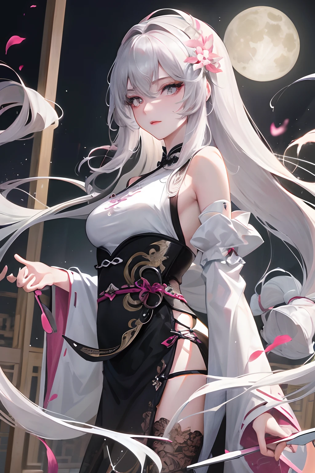8K, Masterpiece, Best quality, Night, full moon, 1 girl, Chinese style, Chinese architecture, Mature woman, sister, Silver white long haired woman, Long hair, Light pink lips, calm, logical, bangs, Gray pupils, assassins, Fan, Knife fan, petal dancing, Delicate face, SakuraNS,