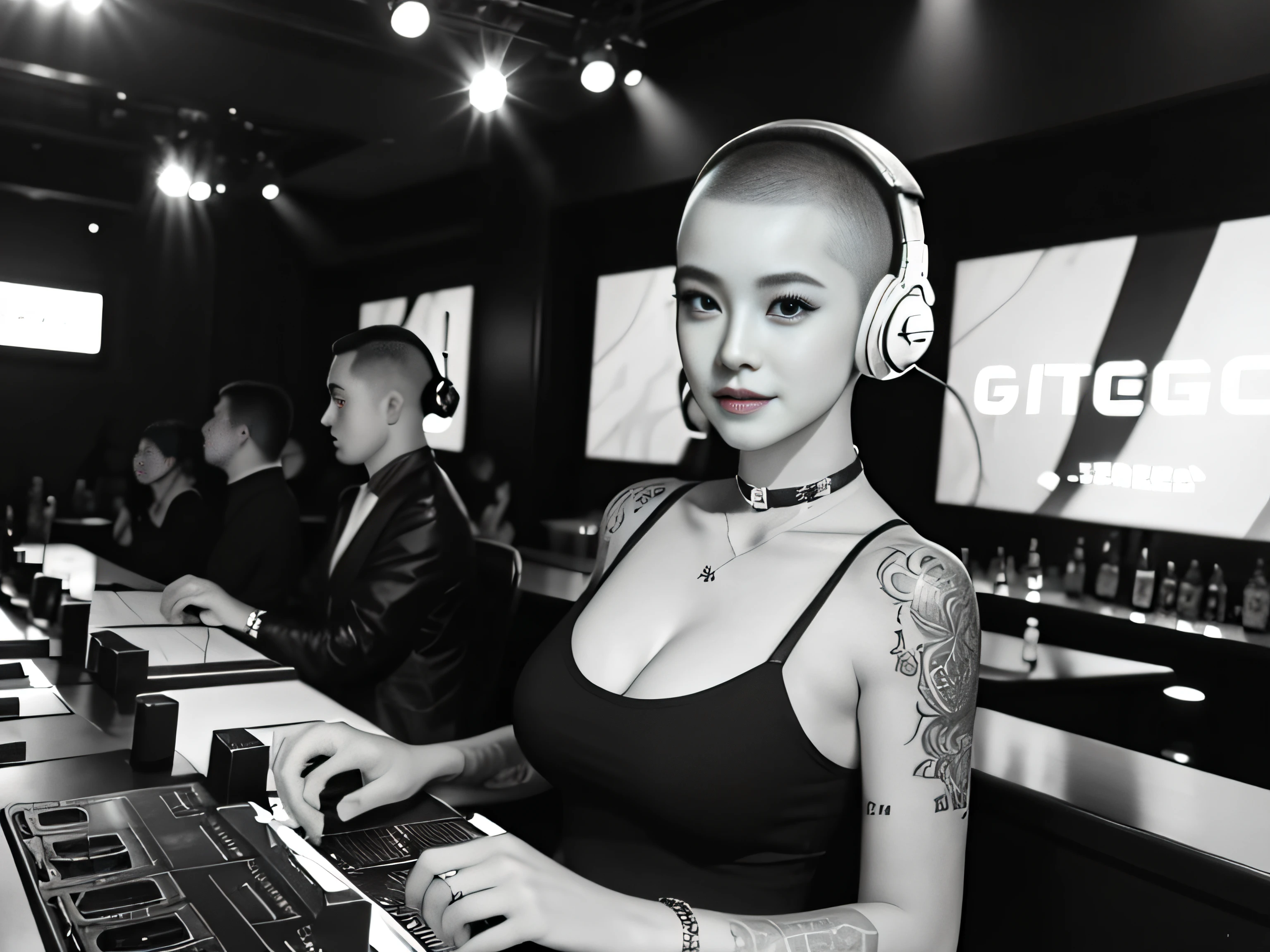 best qualtiy,tmasterpiece,超高分辨率,(fidelity:1.4),(B&W:1.3),professinal,photography of,1个Giant Breast Girl,Dee bar,Girl wearing headphones,DJ in the bar,Upper body,A female DJ,Look at the crowd,DJ, DJ booth,DJ Player,stage lighting,(buzz cut:1.1),(Tattooed with:1.1),cheerfulness,dyna,Gucci, Versace,cruel,choker necklace,Vistas