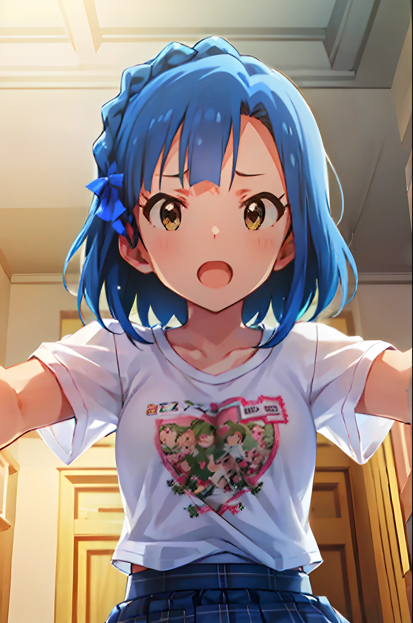 yuriko nanao (million live). Short stature. (((white t-shirts))).(((Skirt))).(((masterpiece))).(((best quality))).((Ultra-detailed))).(((illustratio))).(((a room))).(((up chest))).Despair face.(((short-hair))).((big breasts)).((Opening Mouth)).
