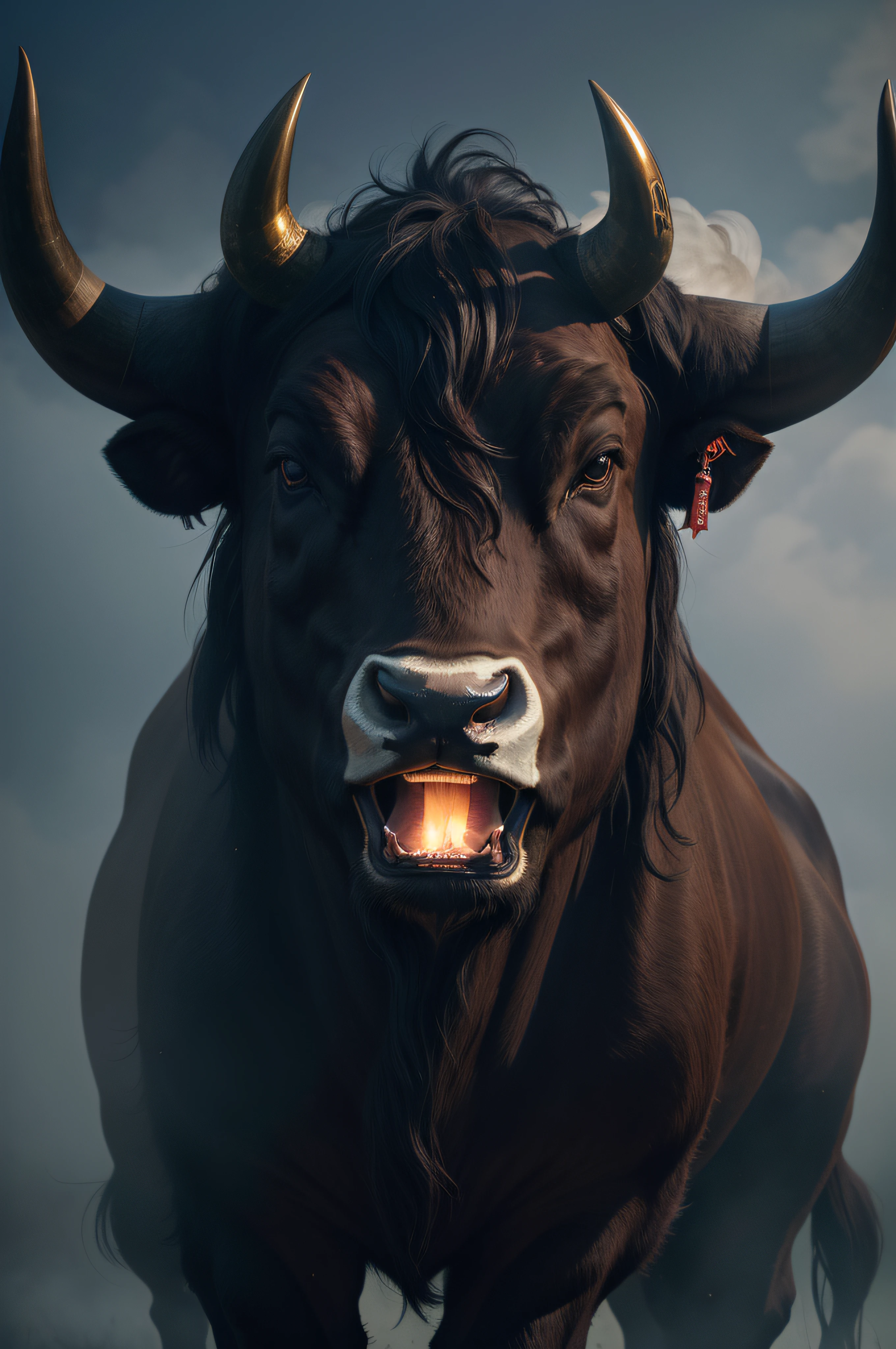Fit to screen,Close up of a bull shrouded in thick fog, Smoke Trust,Fit to screen,Smoke Defiance, Taurus zodiac sign symbol, Bullhead, Taurus, It resembles a bull, Bison god,Surreal,High quality,Cinematic lighting,Photo,Fit to screen,Cow god