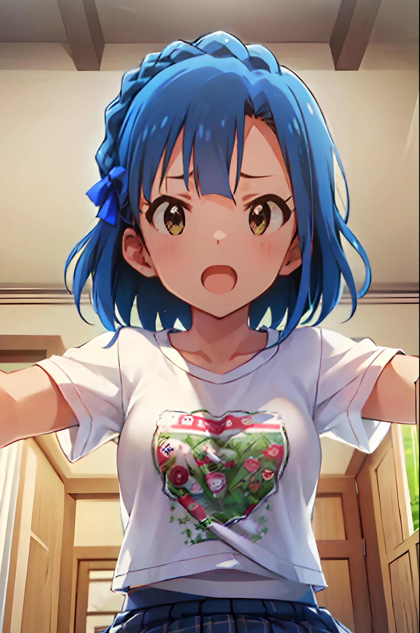 yuriko nanao (million live). Short stature. (((white t-shirts))).(((Skirt))).(((masterpiece))).(((best quality))).((Ultra-detailed))).(((illustratio))).(((a room))).(((up chest))).Despair face.(((short-hair))).((big breasts)).((Opening Mouth)).