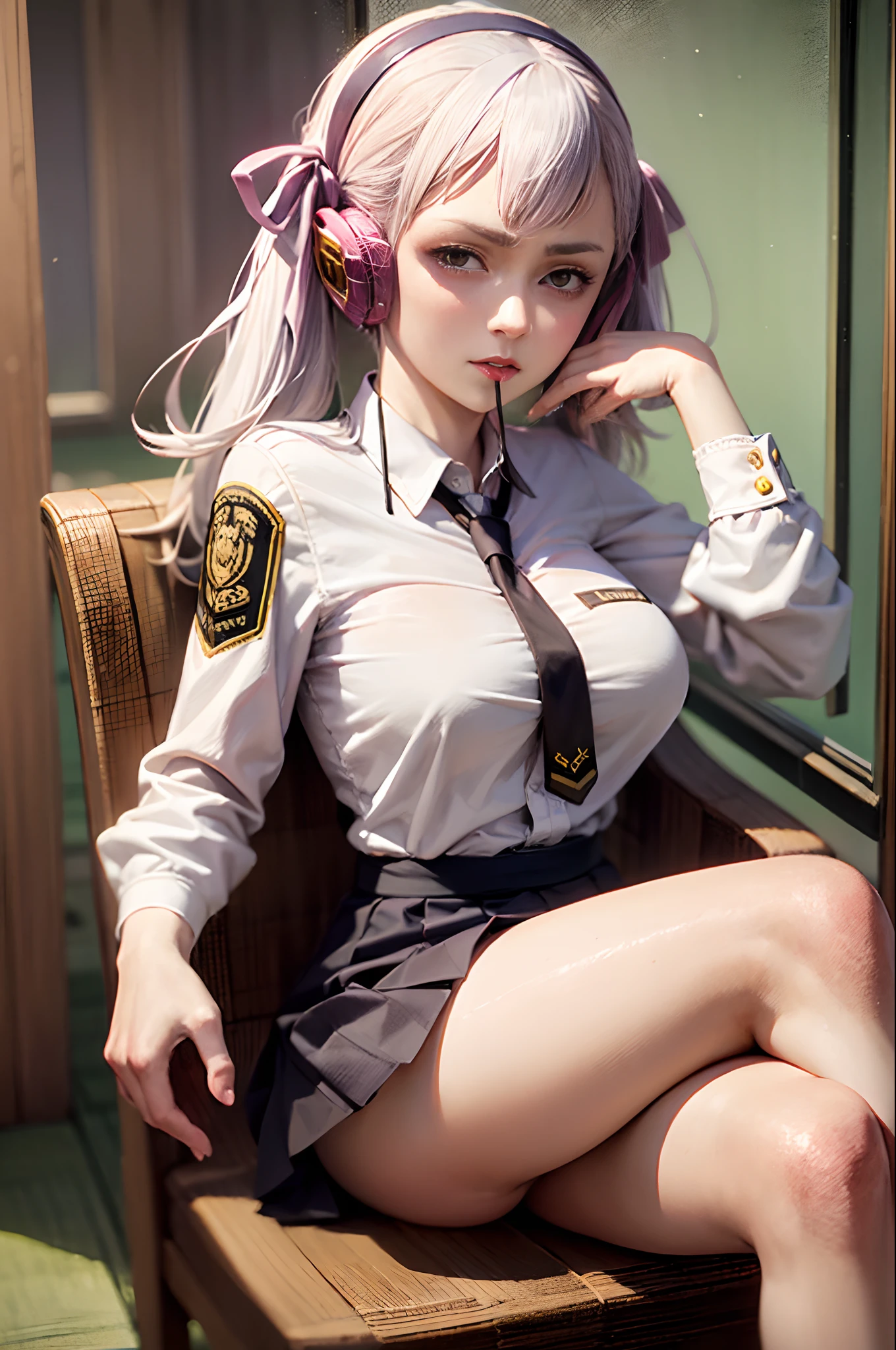 (Prominence in Masterpiece, Best Quality: 1.2), solo, 1 girl,noelle silva, serious, mouth closed, looking at viewer, hand on face, sitting, legs crossed, collared shirt, tie up, skirt, stockings , big thighs, big breasts,white hair)