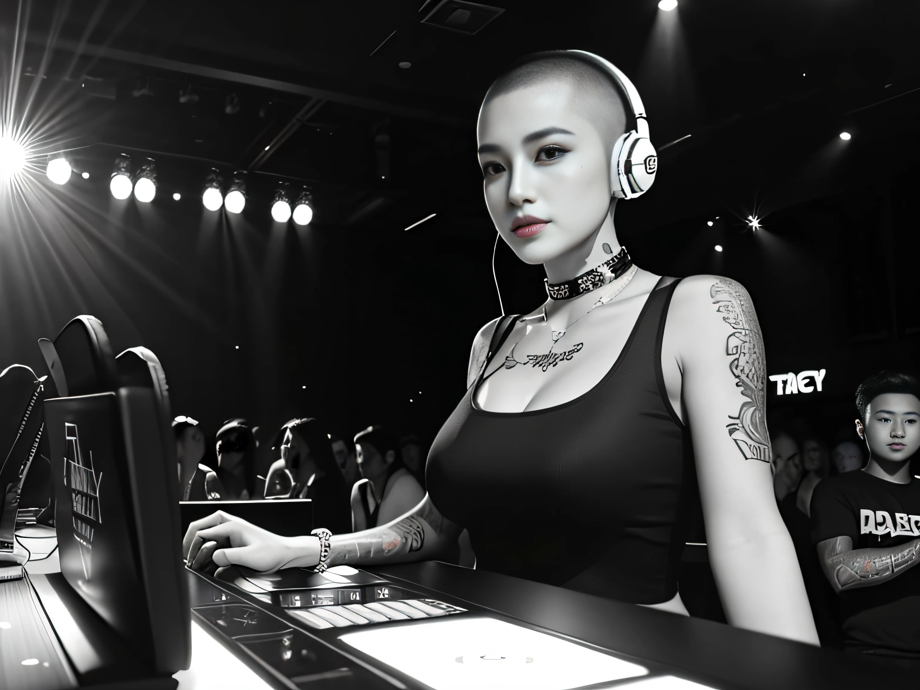 best qualtiy，tmasterpiece，超高分辨率，(fidelity:1.4)，(B&W:1.3)，professinal，photography of，1个Giant Breast Girl，Dee bar，Girl wearing headphones，DJ in the bar，Upper body，A female DJ，Look at the crowd，DJ, DJ booth，DJ Player，stage lighting，(buzz cut:1.1)，(Tattooed with:1.1)，cheerfulness，dyna，Gucci, Versace，cruel，choker necklace，Vistas