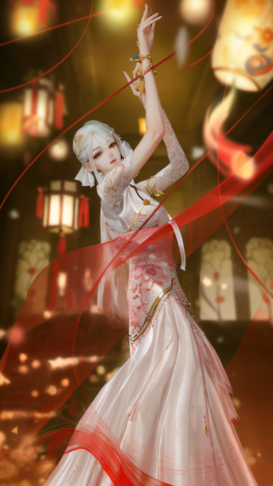 There is a woman in a white dress dancing with a red ribbon, inspired by Lü Ji, elegant floating pose, spellcasting pose, elegant glamor pose, Inspired by Lan Ying,, Inspired by Huang Ji, Elegant Pose, Cheongsam, chinese ribbon dance, doing an elegant pose over you, Dance gracefully on you