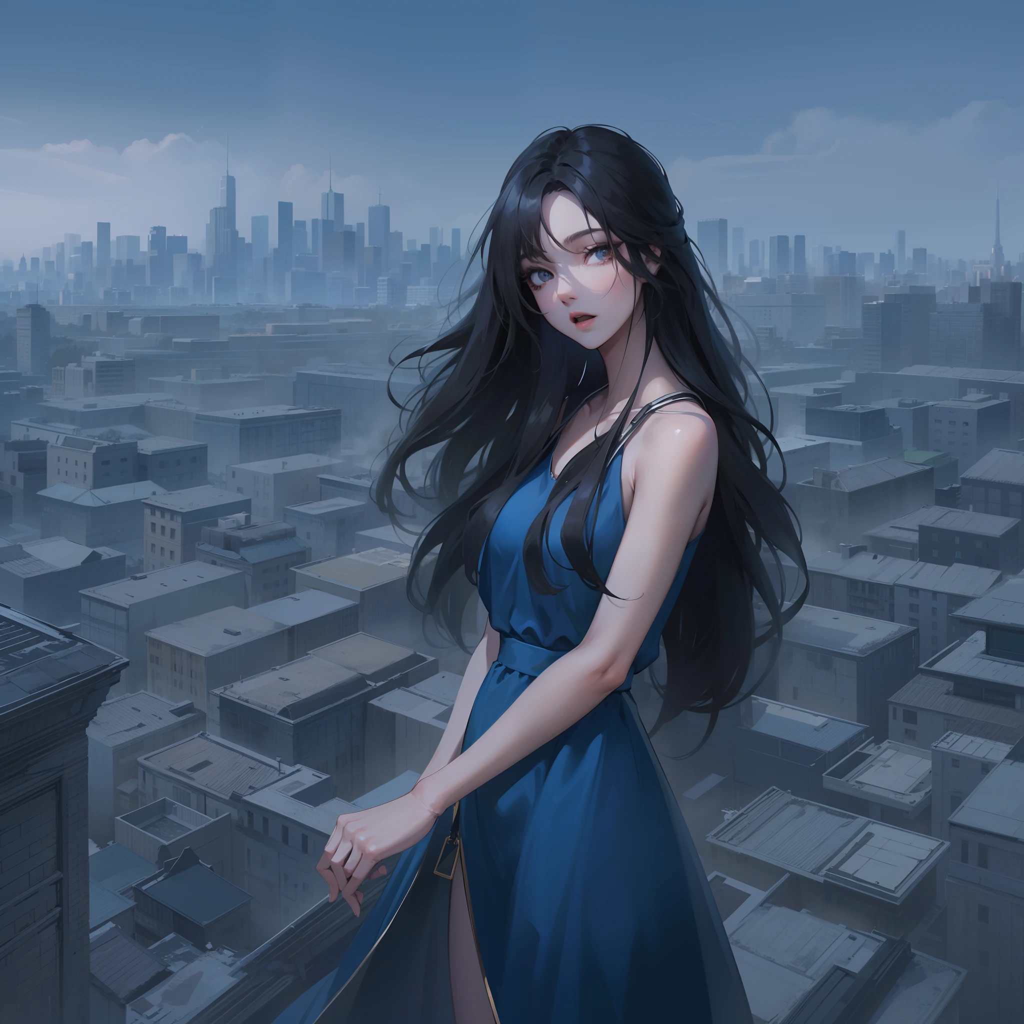(masterpiece,best quality 8k) , high resolution , black long hair , standing , attractive black eye , eye at viewers , blue plain dress , normal tits , fibulas body , silky hair , joint hands , close mouth , city background