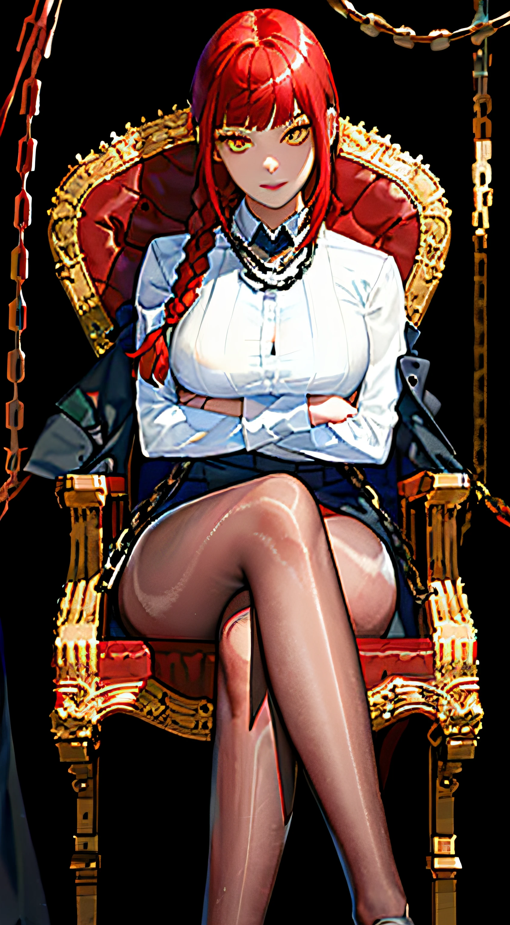 masterpiece, (photorealistic:1.4), best quality, beautiful lighting,KPop idol,adult,white blouse,black tie,high hells,black skirt,black pantyhose,black jacket
(ulzzang-6500:0.5), makima \(chainsaw man\), (red hair)+(long braided hair)+(bangs), yellow eyes, golden eyes, ((ringed eyes)),large breast,full body, detailed face,smile,
RAW photo, 8k uhd, film grain,blurry background,, sitting, (crossed legs:1.3),throne chair,(dark background, chains:1.3),