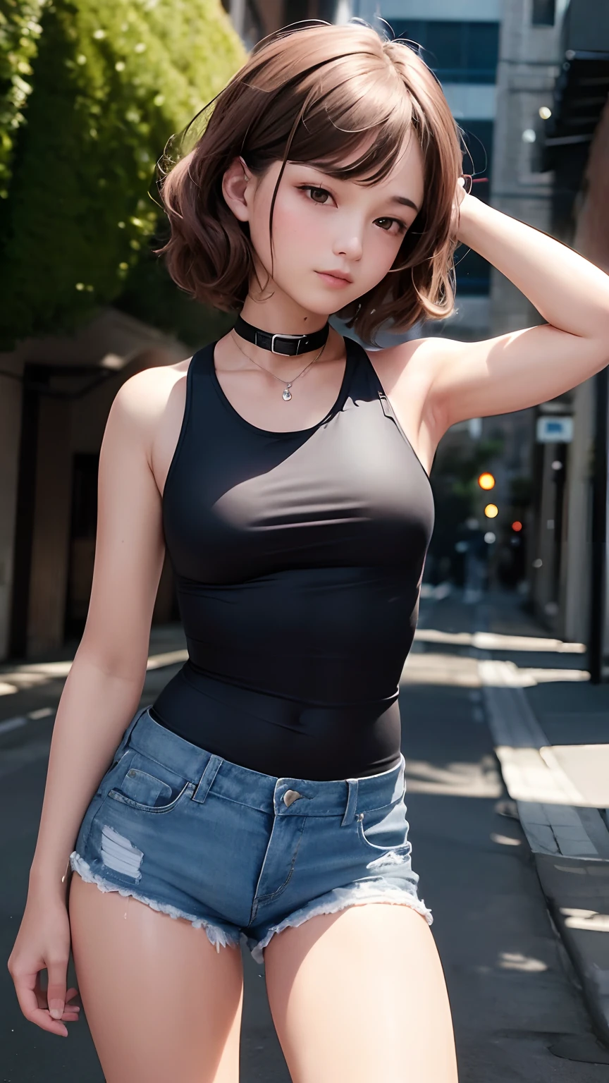 ((Medium breast, tomboy girls, Small head)), Daylight, Sunlight, (chiseled abs : 1.1), (Perfect body : 1.1), (Short wavy hair : 1.2) , auburn hair, Collar, chain, Full body shot, crowding street, wearing a black tank top, Jeans jacket, ((Shorts)), (Extremely detailed CG 8k wallpaper), (An extremely delicate and beautiful), (Masterpiece), (Best quality:1.0), (超A high resolution:1.0),  Beautiful lighting ,Perfect lightning, Realistic shadows, [A high resolution], Detailed skin, Ultra-detailed, lesbian, Kiss, Kissing, Girly, Big_breast enhancement