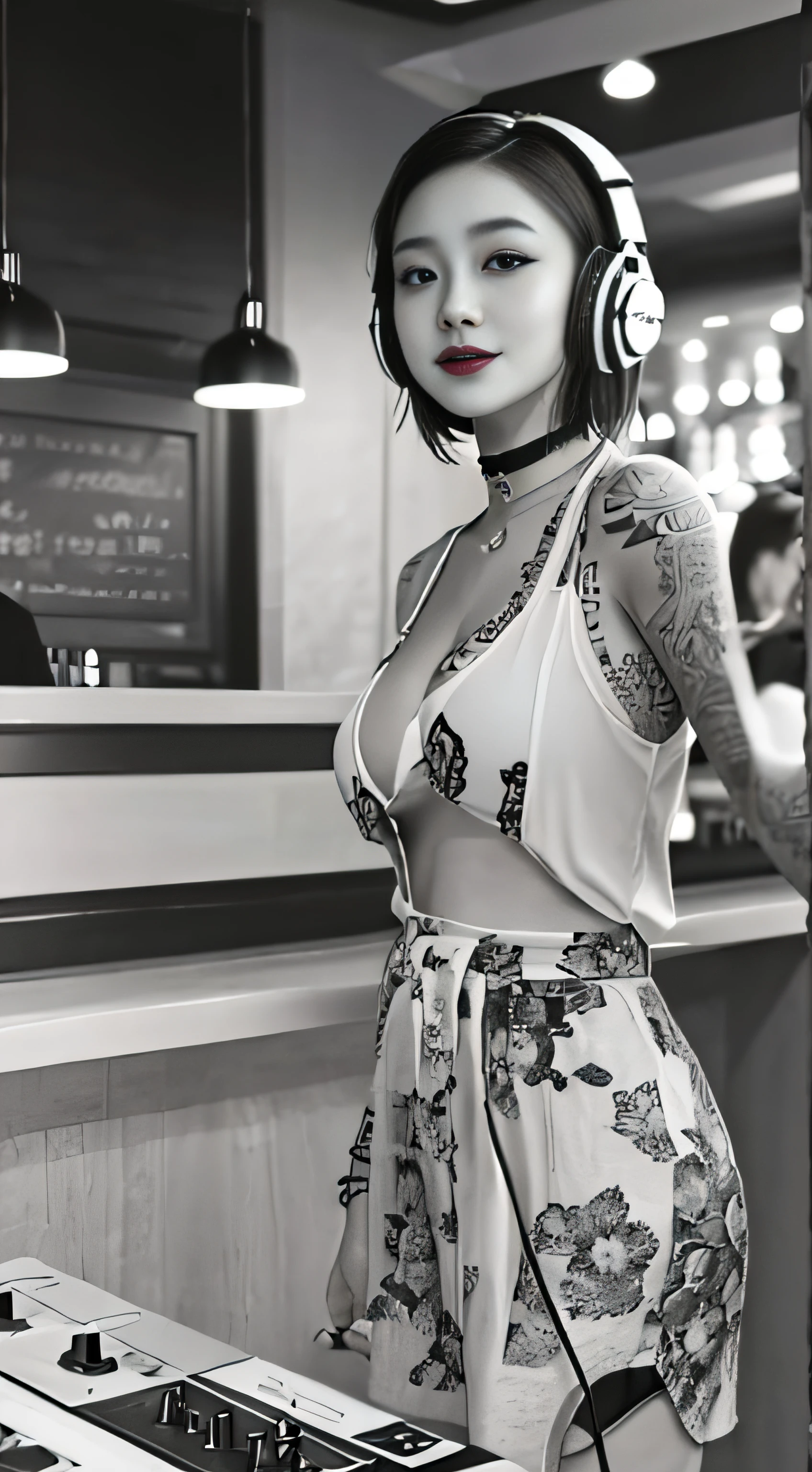 best qualtiy，tmasterpiece，超高分辨率，(fidelity:1.4)，(B&W:1.3)，professinal，photography of，1个Giant Breast Girl，Dee bar，Girl wearing headphones，DJ in the bar，Upper body，A female DJ，Look at the crowd，DJ, DJ booth，DJ Player，stage lighting，(buzz cut:1.1)，(Tattooed with:1.1)，cheerfulness，dyna，Gucci, Versace，cruel，choker necklace，Vistas