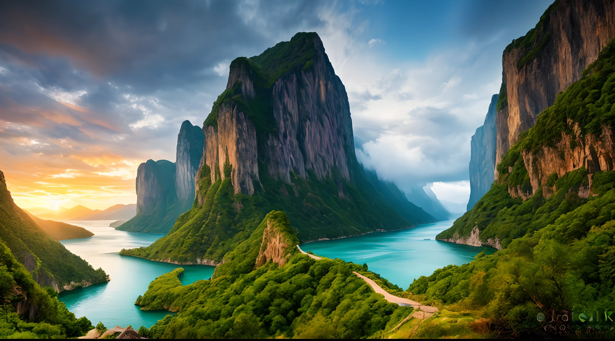 Masterpiece, ultimate quality, Cg unity 8k wallpaper, super delicate, beautiful sky and clouds, rich natural scenery, cliffs, lakes and rivers, waterfalls and flying water, beautiful green mountains, no trace of people, excellent scenery, has already won a photo contest, background Blurring, full depth of field, HDR high dynamics, true restoration, intricate, extreme details, dramatic presentation, perfectly presenting the style of midjourney art.