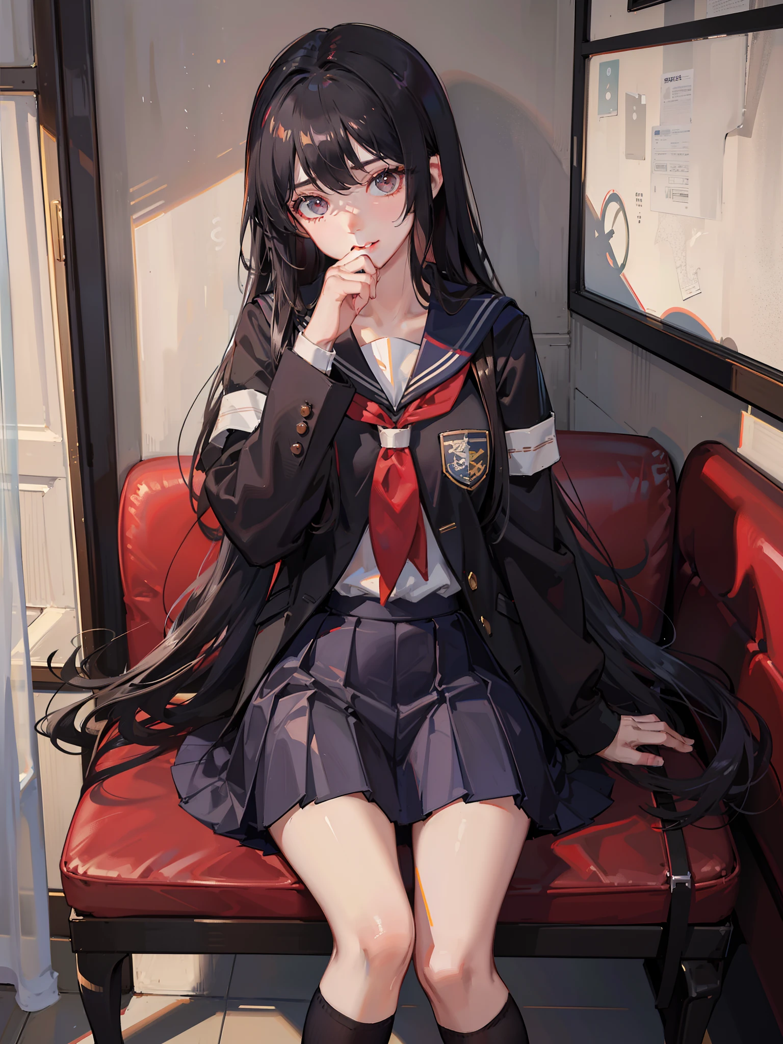 tmasterpiece，Best quality at best，Correct limbs，Girl covering her mouth，is shy:1.5，Be red in the face:1.5，JK school uniform，emaciated，a black pleated skirt，black lence stockings，thin very long legs，18yr old，high school senior，school ground