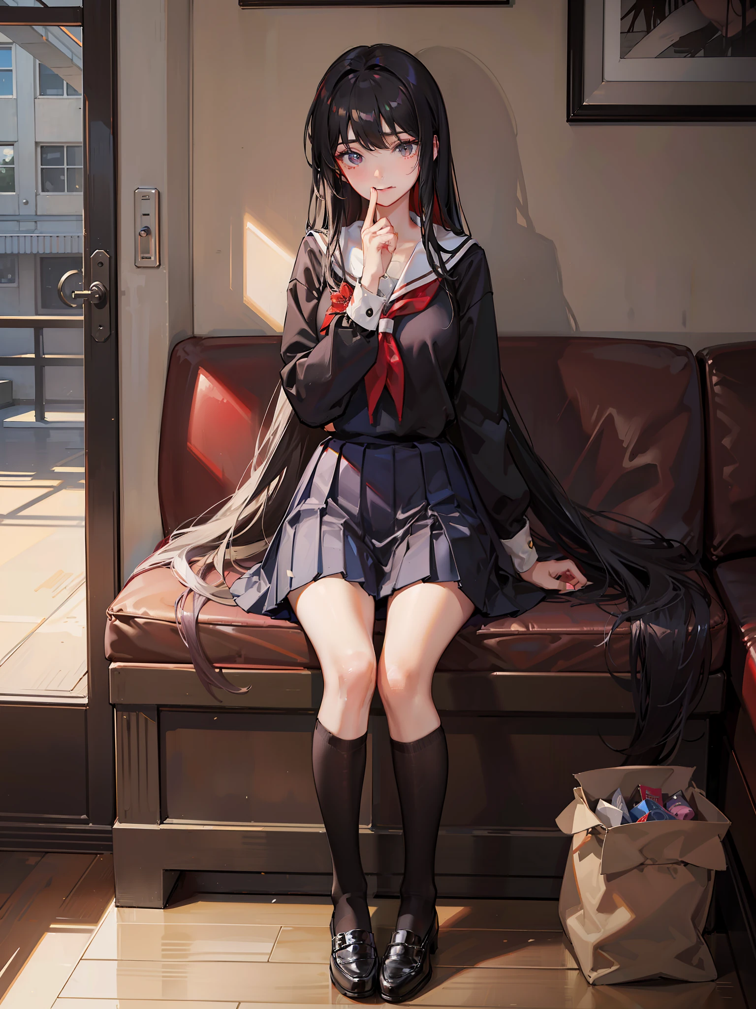 tmasterpiece，Best quality at best，Correct limbs，Girl covering her mouth，is shy:1.5，Be red in the face:1.5，JK school uniform，emaciated，a black pleated skirt，black lence stockings，thin very long legs，18yr old，high school senior，school ground