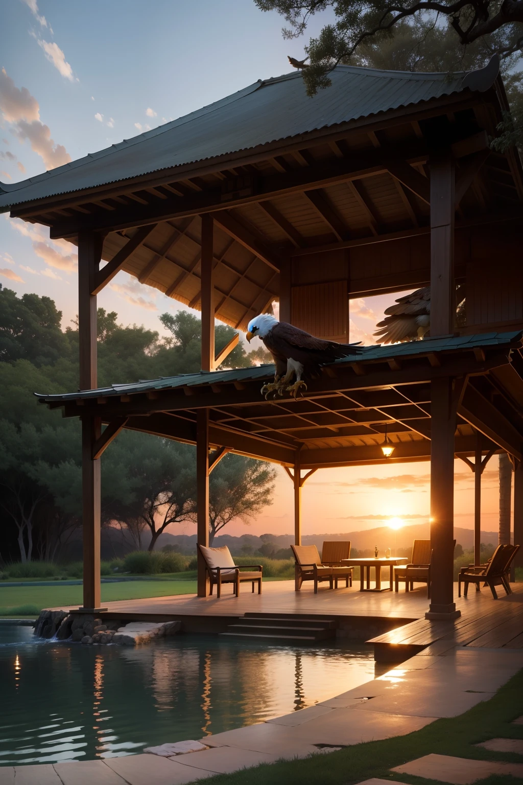 An eagle spreads its wings and soars in the sky,A tranquil lawn,A shallow waterhole,A pavilion sits next to the waterhole,Sunset