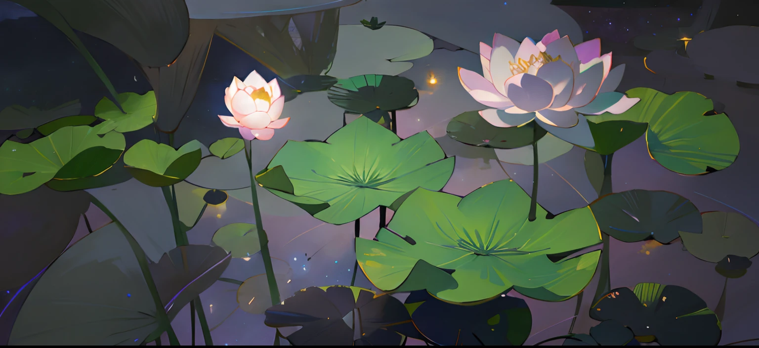 A painting of a river with lotus flowers，lotuses，Lotus leaf，lotus flower，best qualtiy，Fantasyart，beautiful anime scenes，A bright moon，Starry sky environment in moonlight，Dream painting，Anime background art，dream scenery art，Fantastic night, anime backgrounds, background artwork, dreamlike art, Atmospheric anime, starrysky，Detail Enhancement。