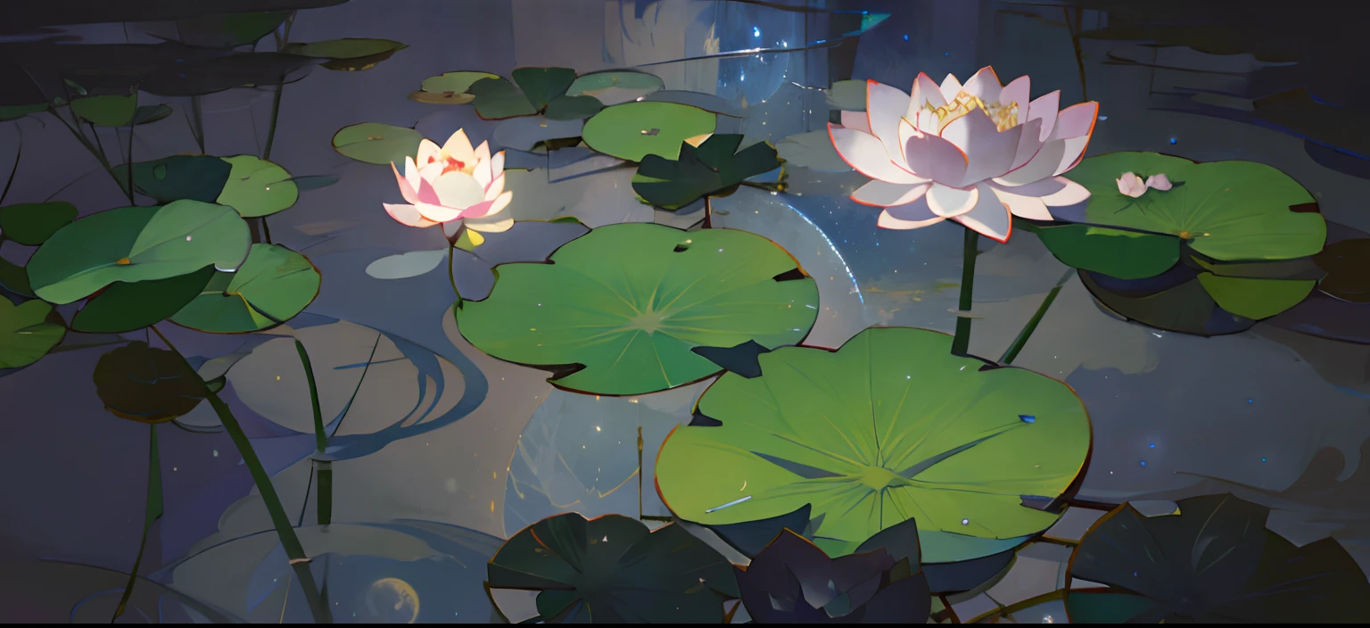 A painting of a river with lotus flowers,lotuses,Lotus leaf,lotus flower,best qualtiy,Fantasyart,beautiful anime scenes,A bright moon,Starry sky environment in moonlight,Dream painting,Anime background art,dream scenery art,Fantastic night, anime backgrounds, background artwork, dreamlike art, Atmospheric anime, starrysky,Detail Enhancement。