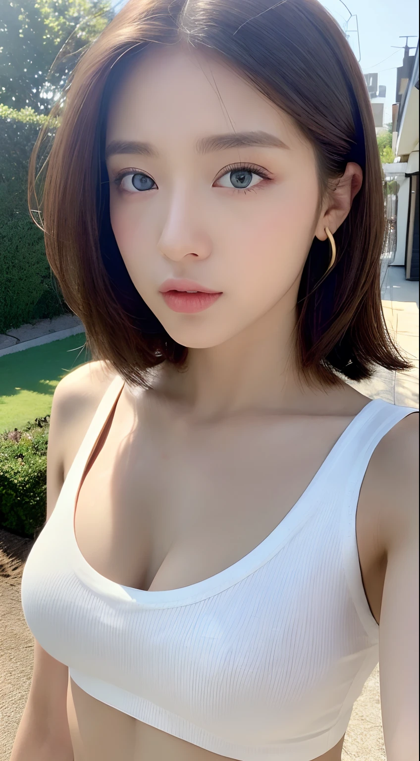 ((Realistic lighting、top-quality、8K、masterpiece:1.3))、Clear Focus:1.2、1girl in、Perfect figure:1.4、Slim abs:1.1、((dark brown hair))、(White crop top:1.4)、(outside of house、natta:1.1)、Street、Super fine face、Narrow-eyed、二重まぶた、blue eyess