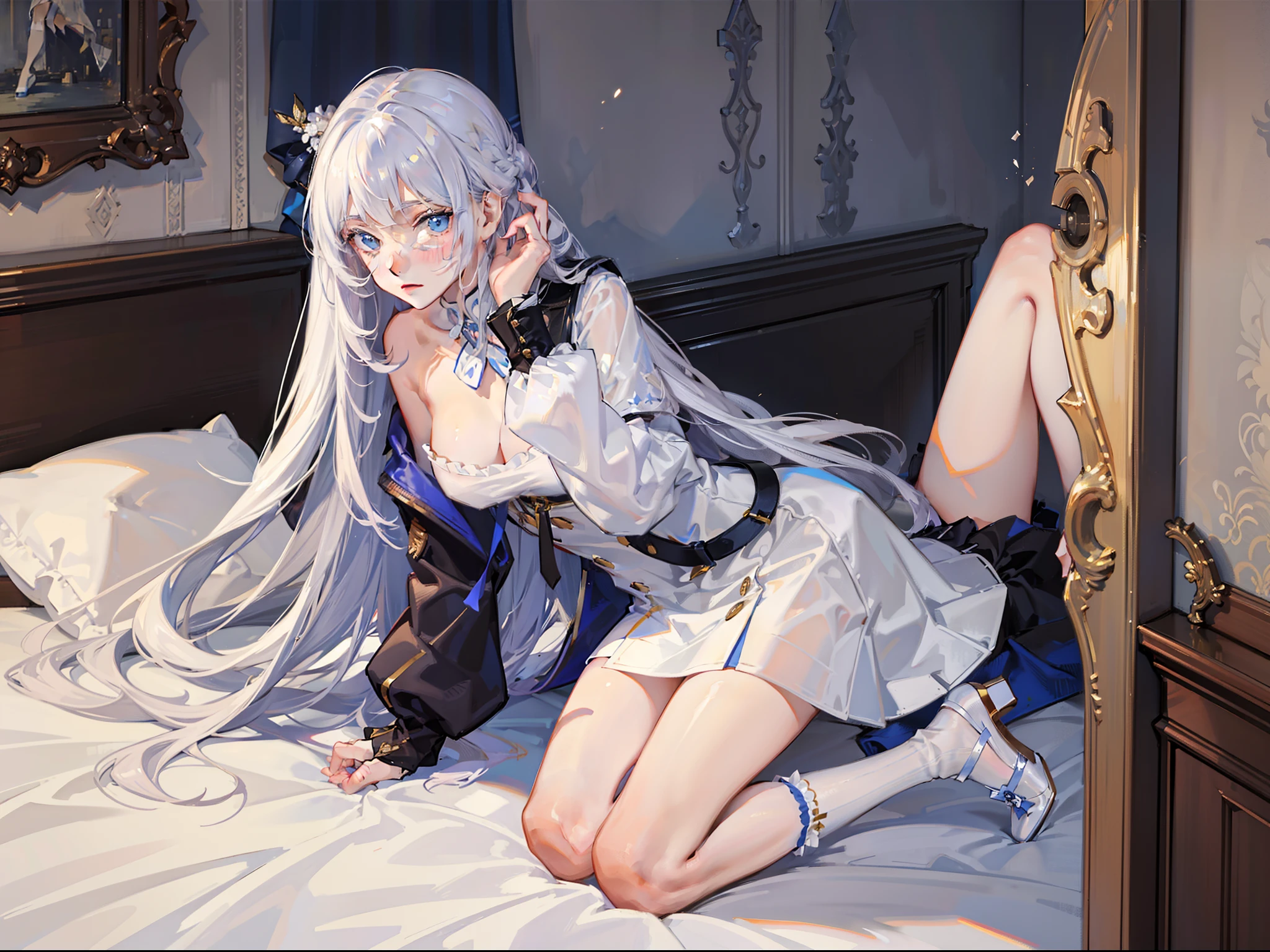 Need,tmasterpiece,Bedrooms,Hotel,whaite hair,Blue eyes,Manteau blanc,Look up,Raised sexy,Hairline,is shy,Blushing and fair skin,Broken bangs hair,Remove the white stockings from your legs with both hands,Lower body naked,Kneeling on the bed is shy