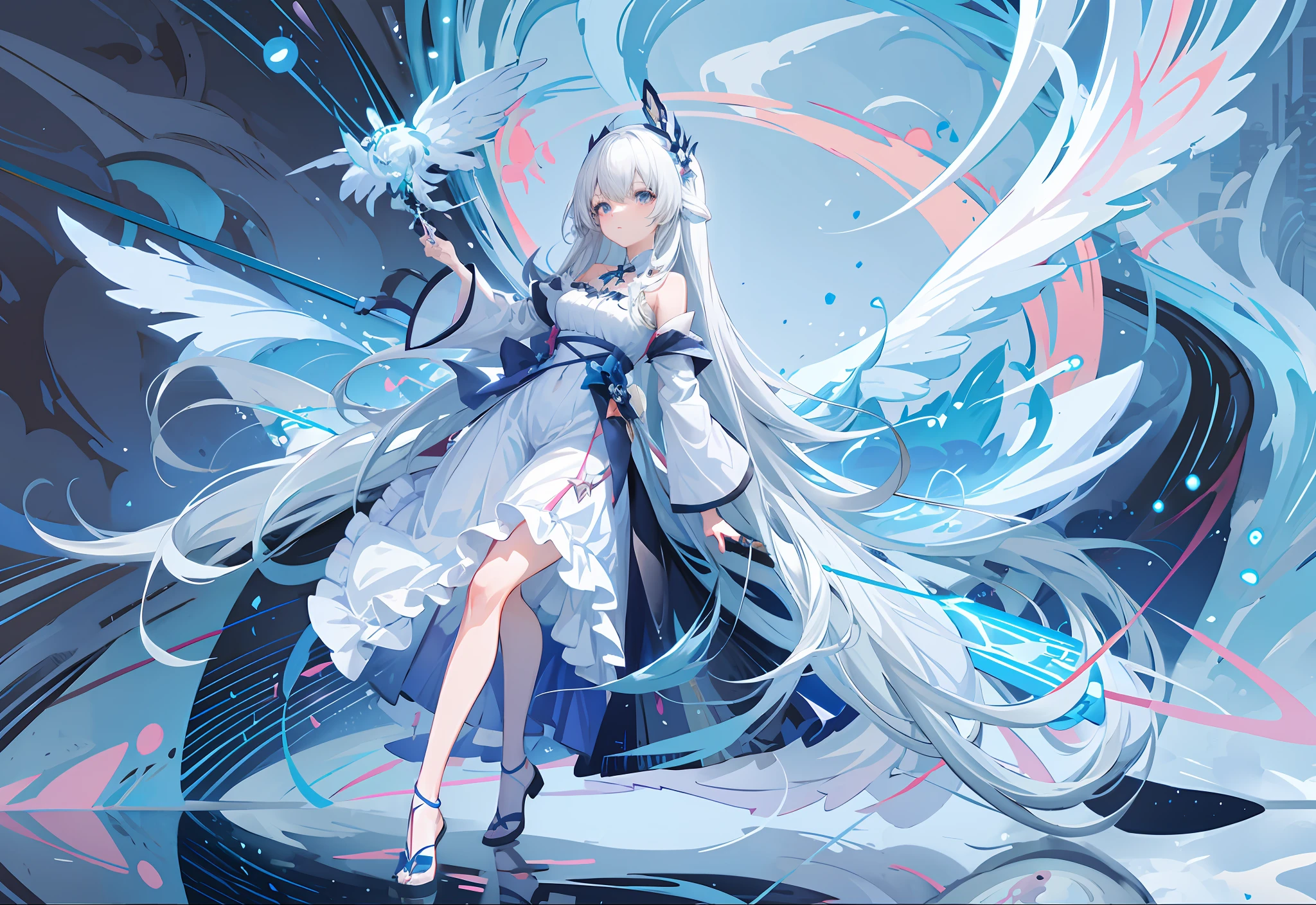 anime girl with long white hair and blue dress holding a wand, anime art wallpaper 16k, Anime art wallpaper 4k, Anime art wallpaper 4 K, Digital art on Pixiv, White-haired god, wallpaper anime blue water, Best anime 4k konachan wallpaper, beautiful fantasy anime, ultra hd anime wallpaper, ethereal anime，Hand detail，Exquisitehands