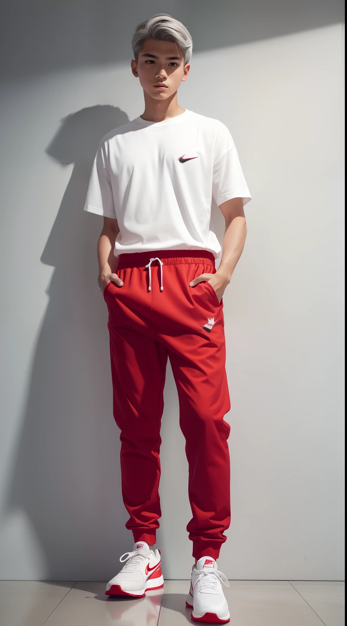 A boy in a white shirt and red pants is playing a video game,Minimalist style,Wear elegant casual clothing,muted red,Simple clothes,Milk and red style,casual clothing style,modern fashion outfit,Dressed as a fisherman,casual modern clothing,inspo , Red clothes, Red pants, , rred and white color scheme, casual business outfit, Scary face, Nike shoes, 18yr old, ((Gray hair))