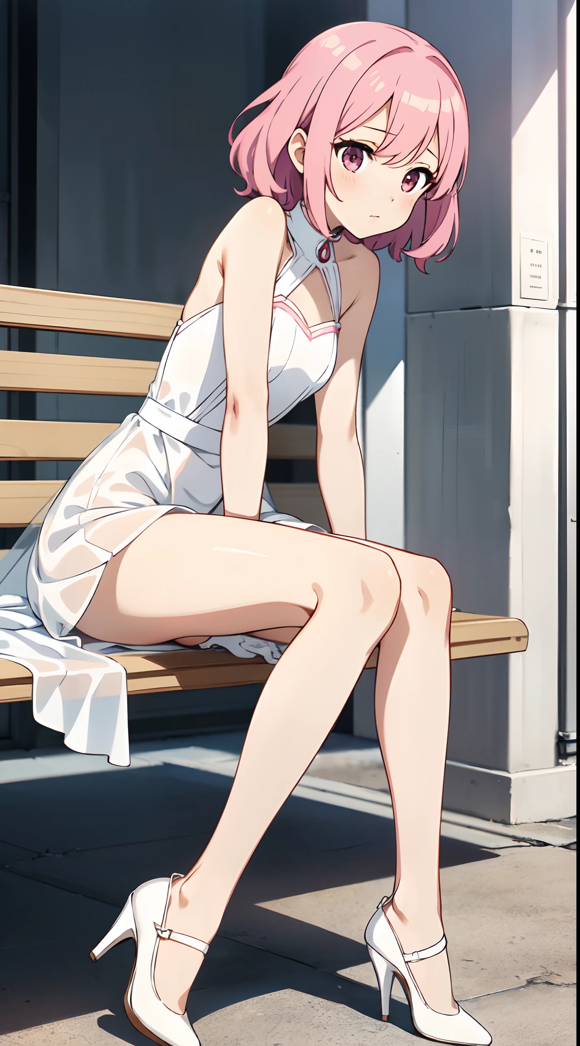 Pink hair,short and wavy hair,Cute girl,(She wears a long white transparent dress),white stockings,high-heels,whitegloves,Delicate facial features,perfect bodies,(Single leg raised),The reveal panties,One foot on the bench,is shy,Be red in the face
