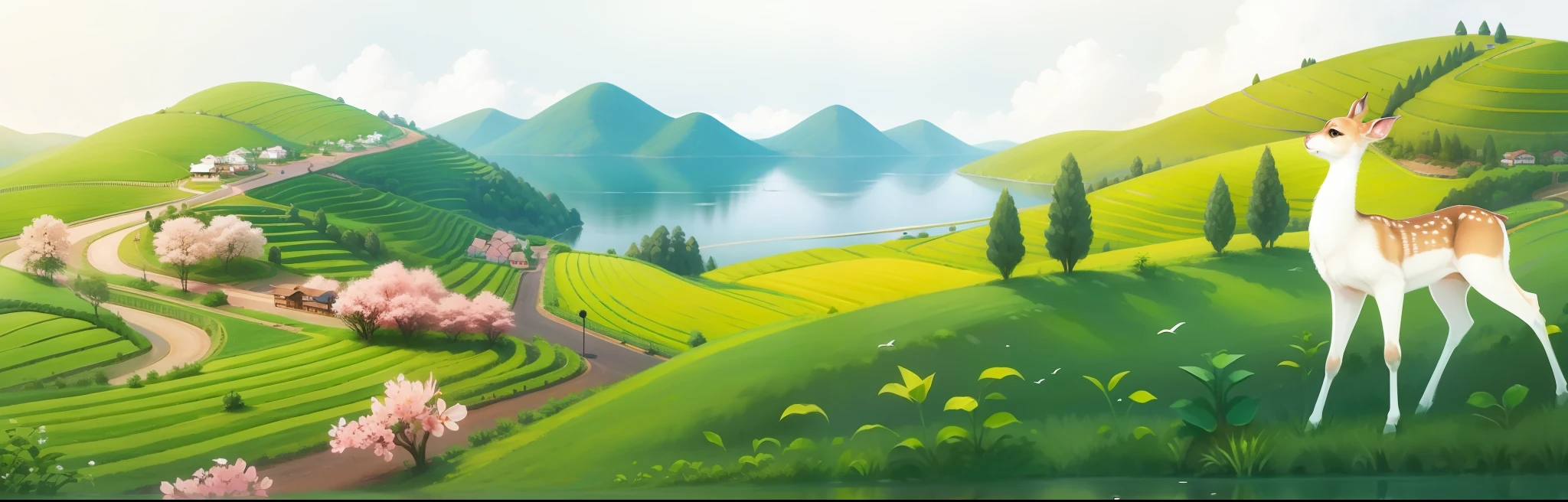 Realistic landscape，Sunny tea plantations in spring，A fawn，The sky is fluttering with petals，Clouds in the distance，There are boats on the lake