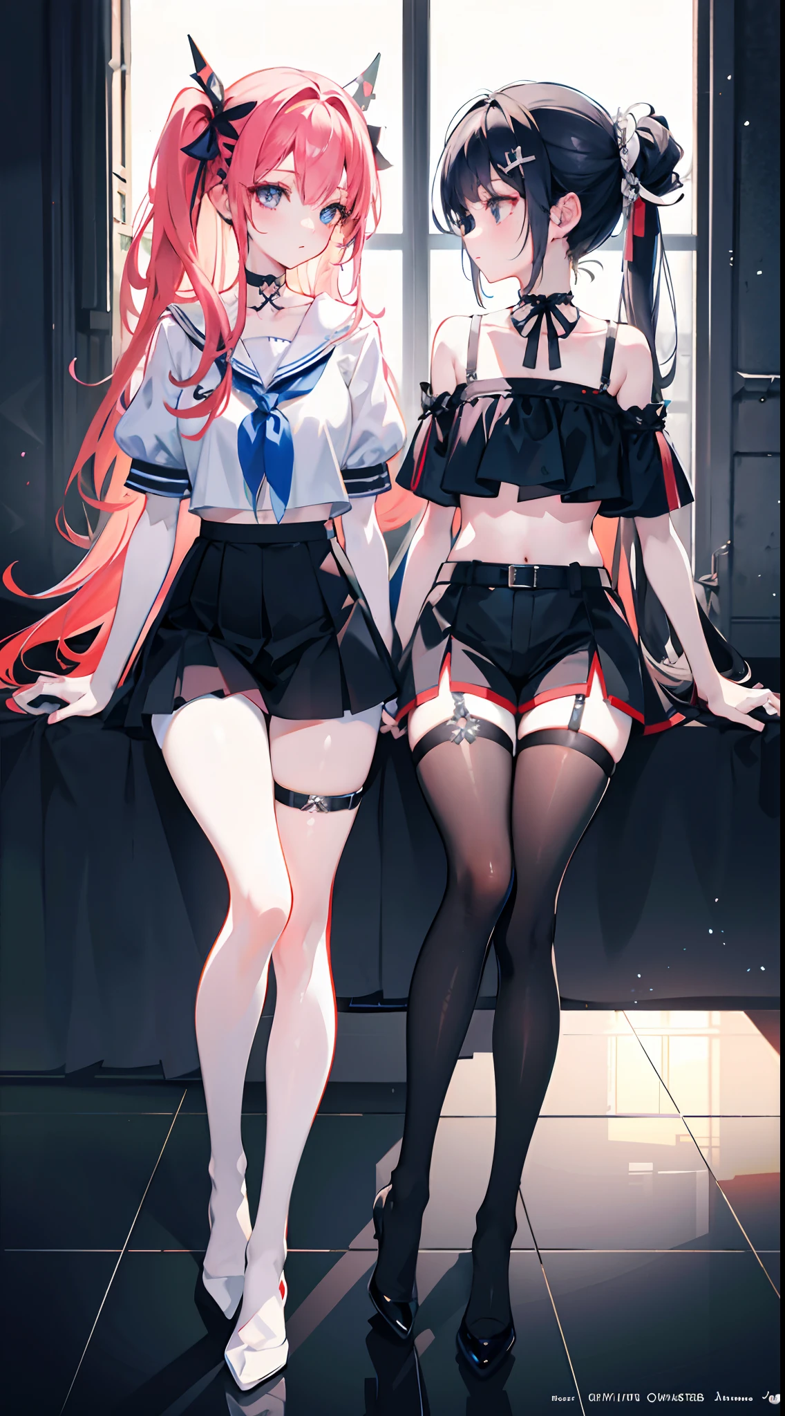 ,twins, masterpiece,best quality,official art,extremely detailed CG unity 8k wallpaper, 2girls, adorable girl, yuri, hair ornament, short shorts, crop top, pantyhose, ribbon_choker, leg belt,