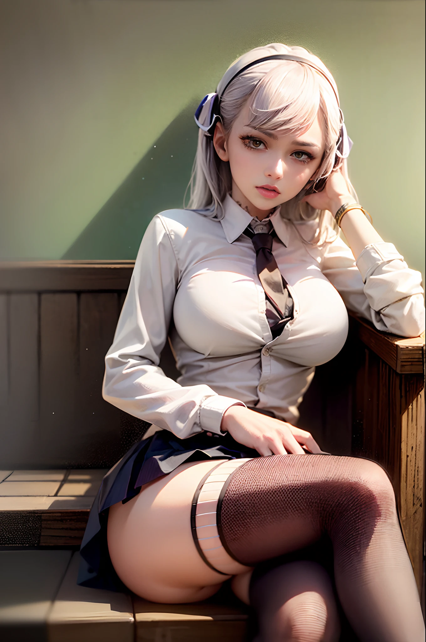 (Prominence in Masterpiece, Best Quality: 1.2), solo, 1 girl,noelle silva, serious, mouth closed, looking at viewer, hand on face, sitting, legs crossed, collared shirt, tie up, skirt, stockings , big thighs, big breasts,white hair)