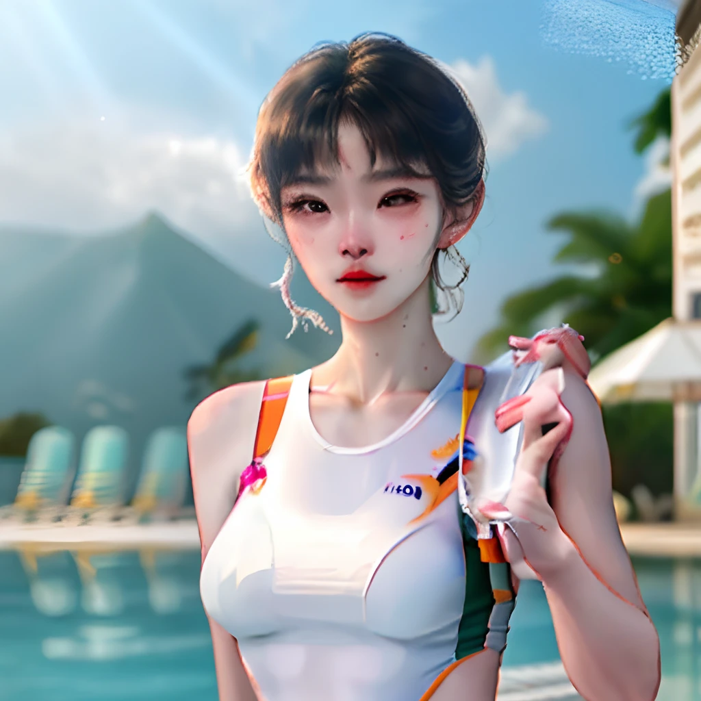 Chinese woman，White swimsuit bikini,The swimsuits were soaked with sweat and water， Sexy, Covered in sweat ,  young, Delicate，full bodyesbian，goodlooking，Front legs open，Enjoyed it a lot，having fun