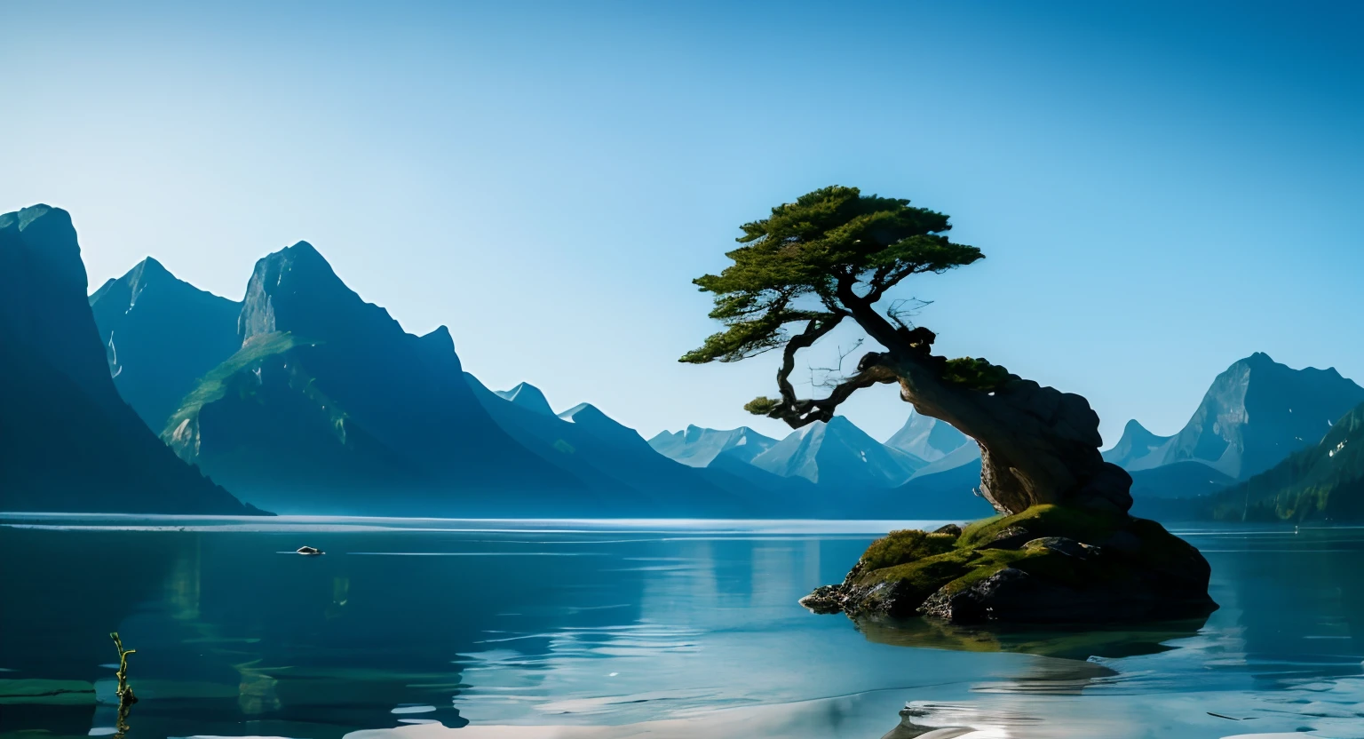 A tree on a rock in the middle of the lake, Nature wallpaper, beautiful lake background, Landscape wallpaper, peaceful scenery, mountains river trees, peaceful landscape, scenery wallpaper, Landscape scenery, beautiful serene landscape, Beautiful wallpaper, Majestic nature, High quality wallpaper, the tree is on top of a calm sea, wallpaper hd, Nature views, Beautiful lake, 4K tranquility