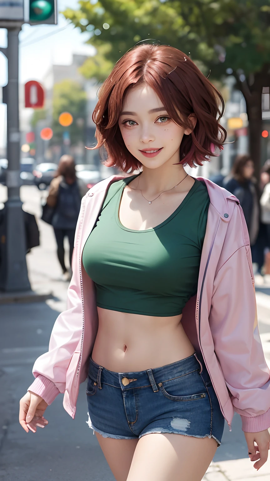 volumetric lighting, best shadows, shallow depth of field, portrait of stunning, petite, delicate girl, attractive face, seductive green eyes, happy smile, closed mouth, lovely medium breasts, (short red hair), freckles, thick eyelashes, pink open pop jacket, white underboob mini t-shirt, open navel, slim waist, denim shorts, walking on the street, (high quality, amazing details: 1.25), bright colorful paintings,